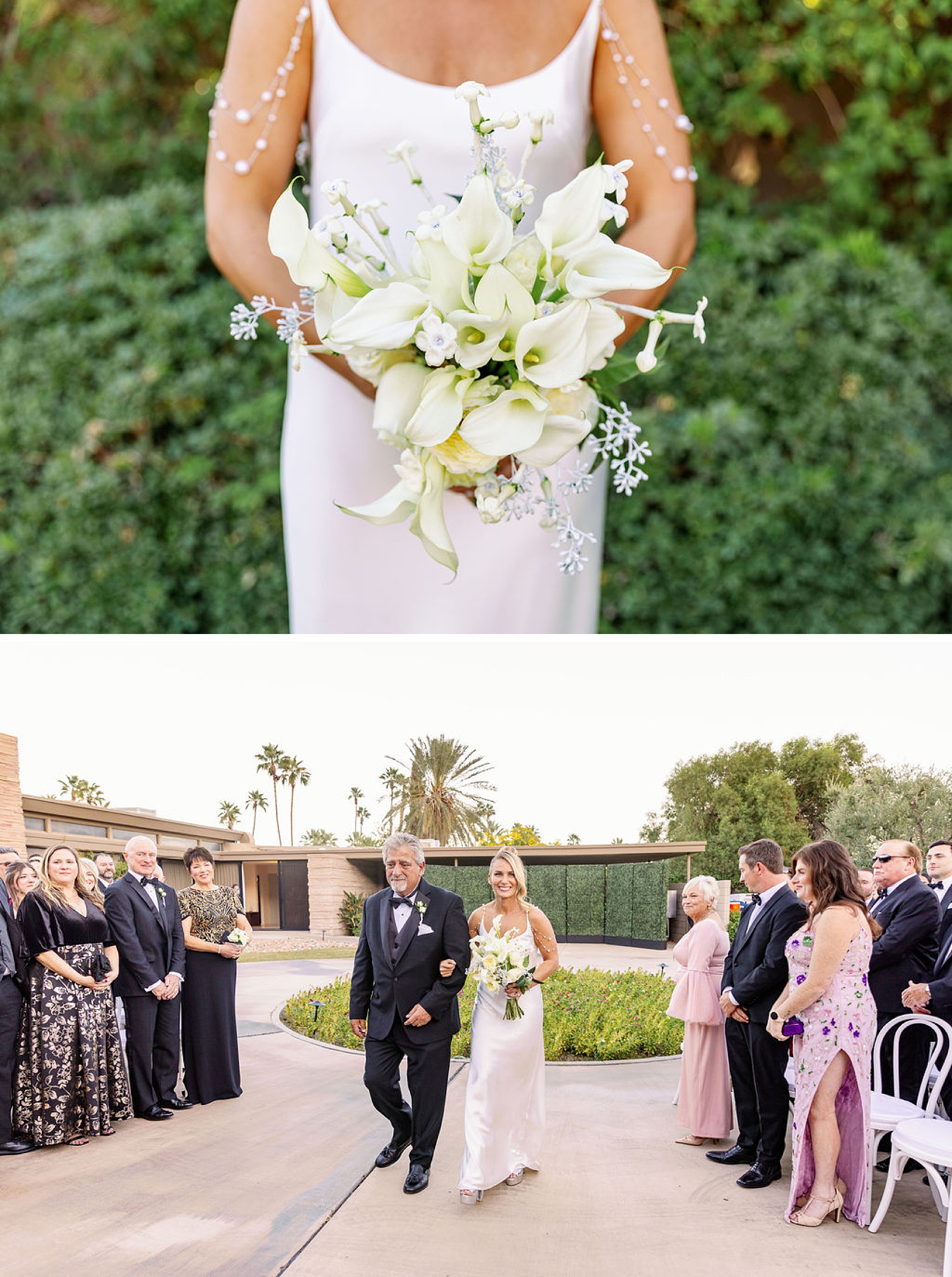 Details of a bride's white bouquet above her walking down the aisle with dad