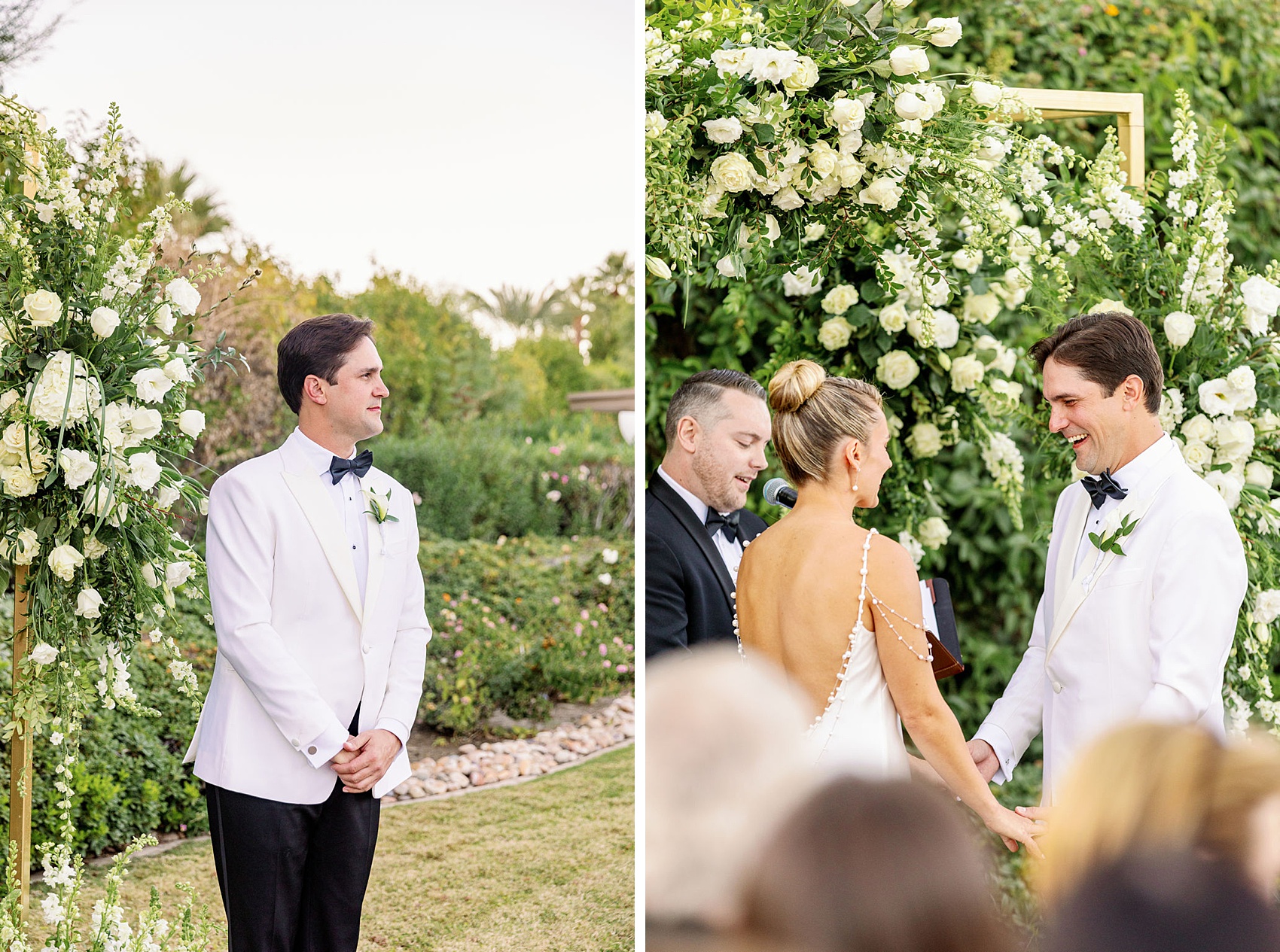 Newlyweds with big smiles during their reception listening to the officiant