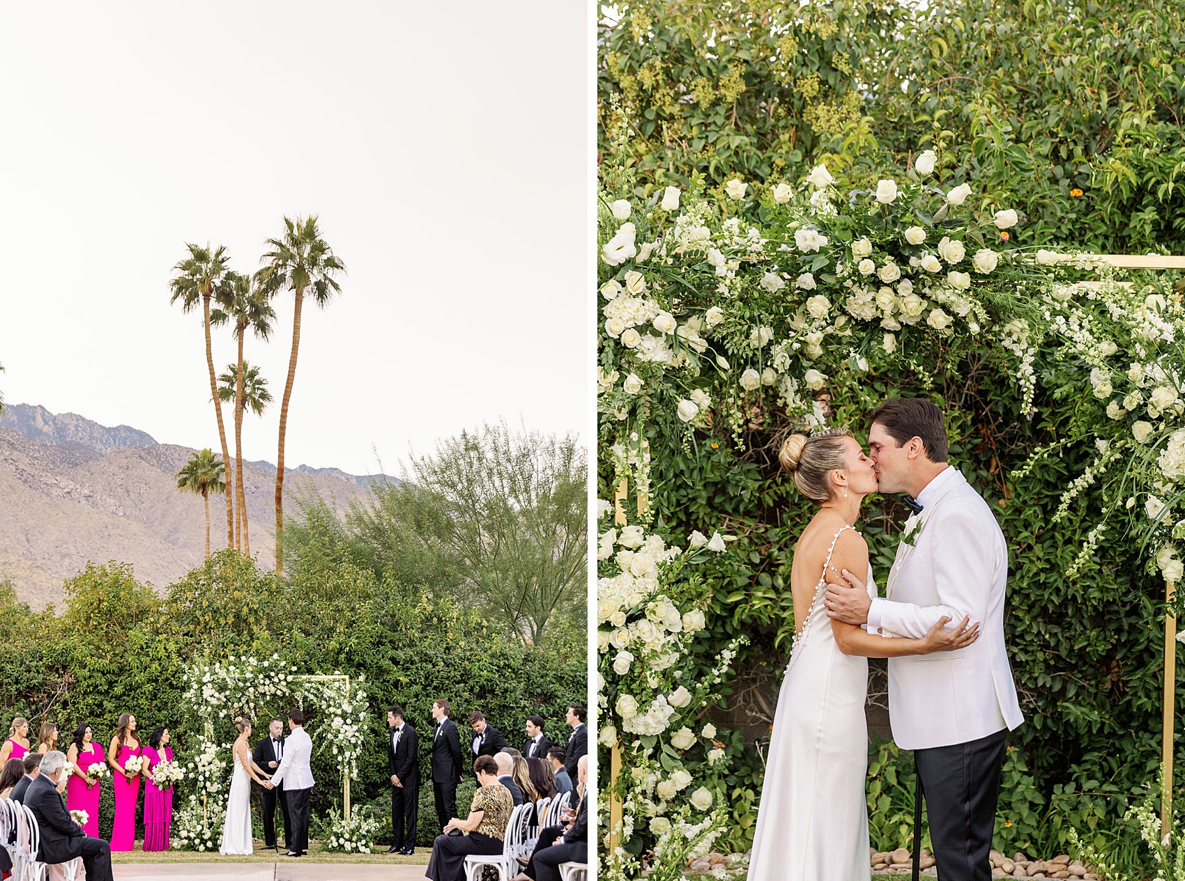A bride and groom kiss under the white arbor and hold hands during their outdoor Frank Sinatra Estate wedding ceremony