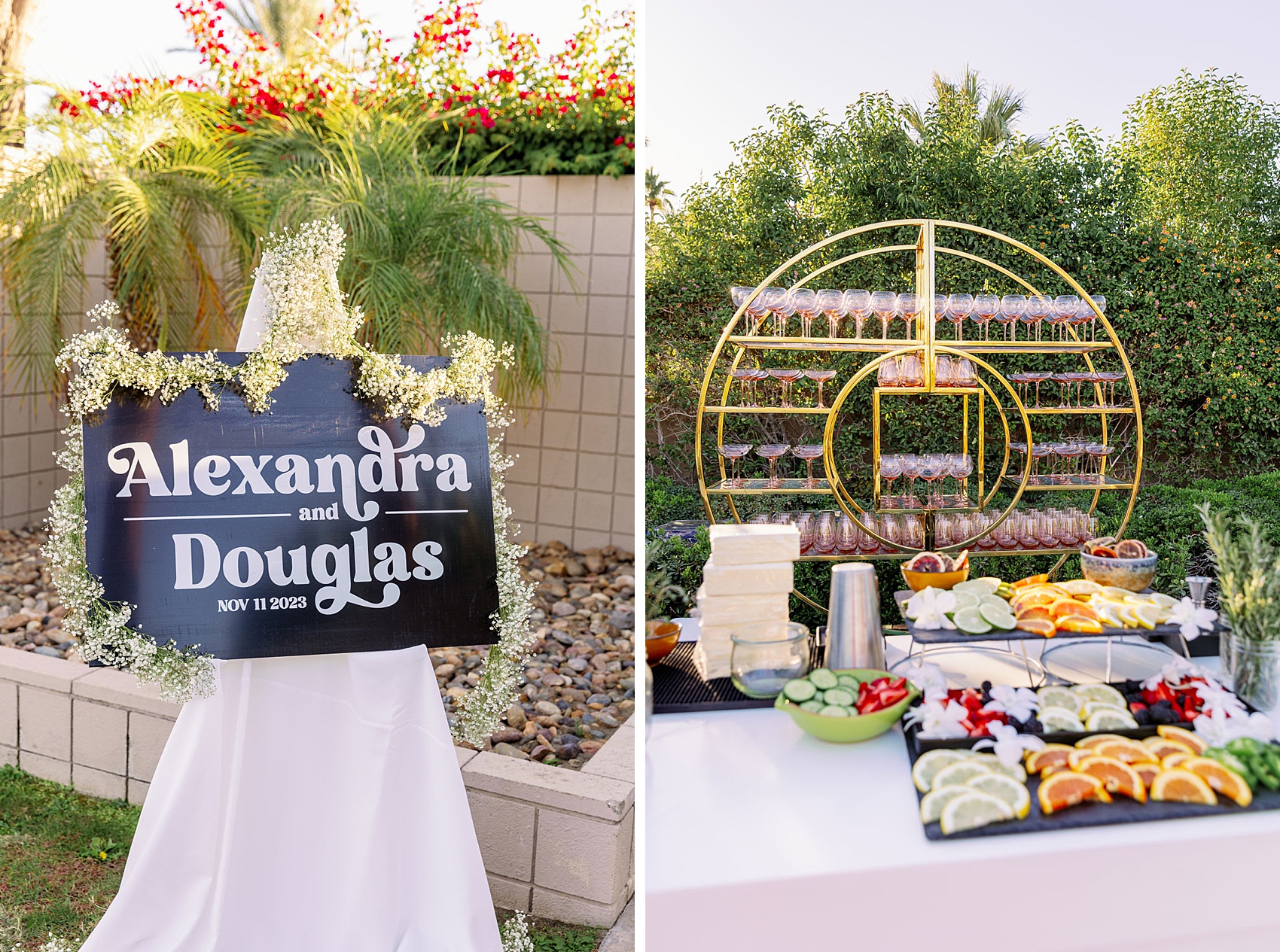 Details of a custom wedding welcome sign next to a fruit and veggie bar with cocktail wall