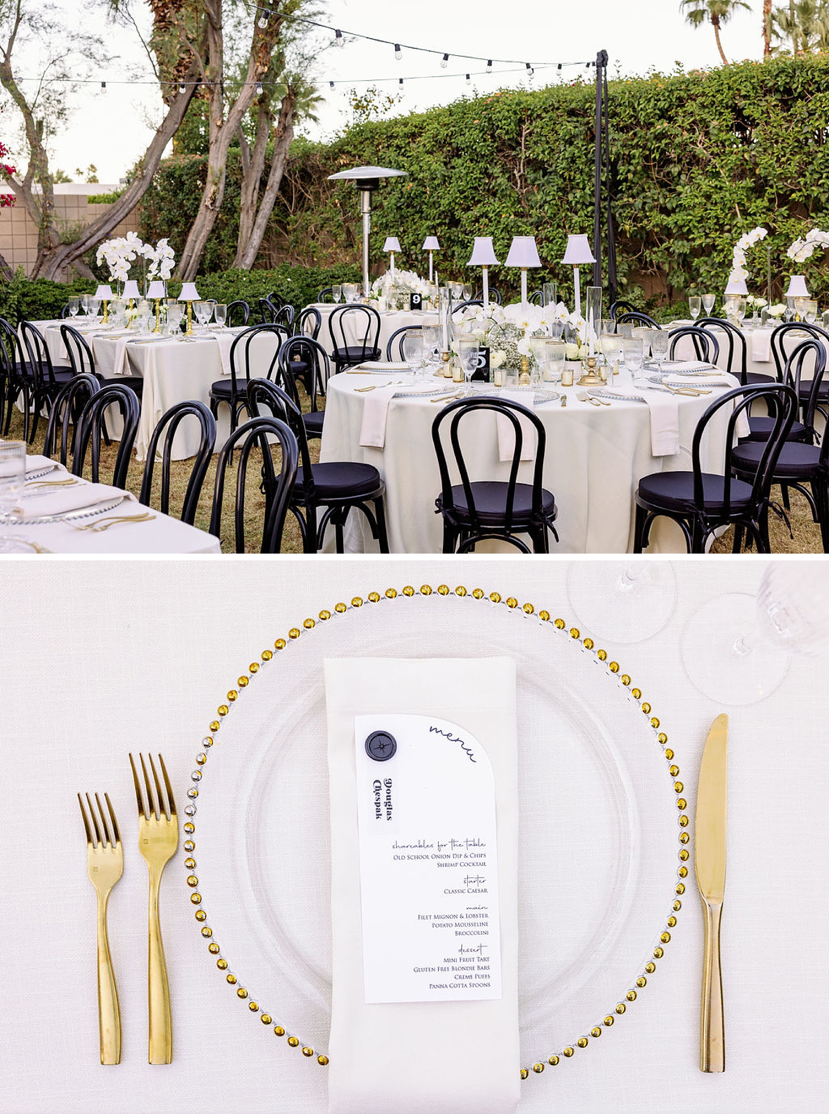 Details of a set up Frank Sinatra Estate wedding venue reception in the lawn with white linen above the place setting with gold utensils