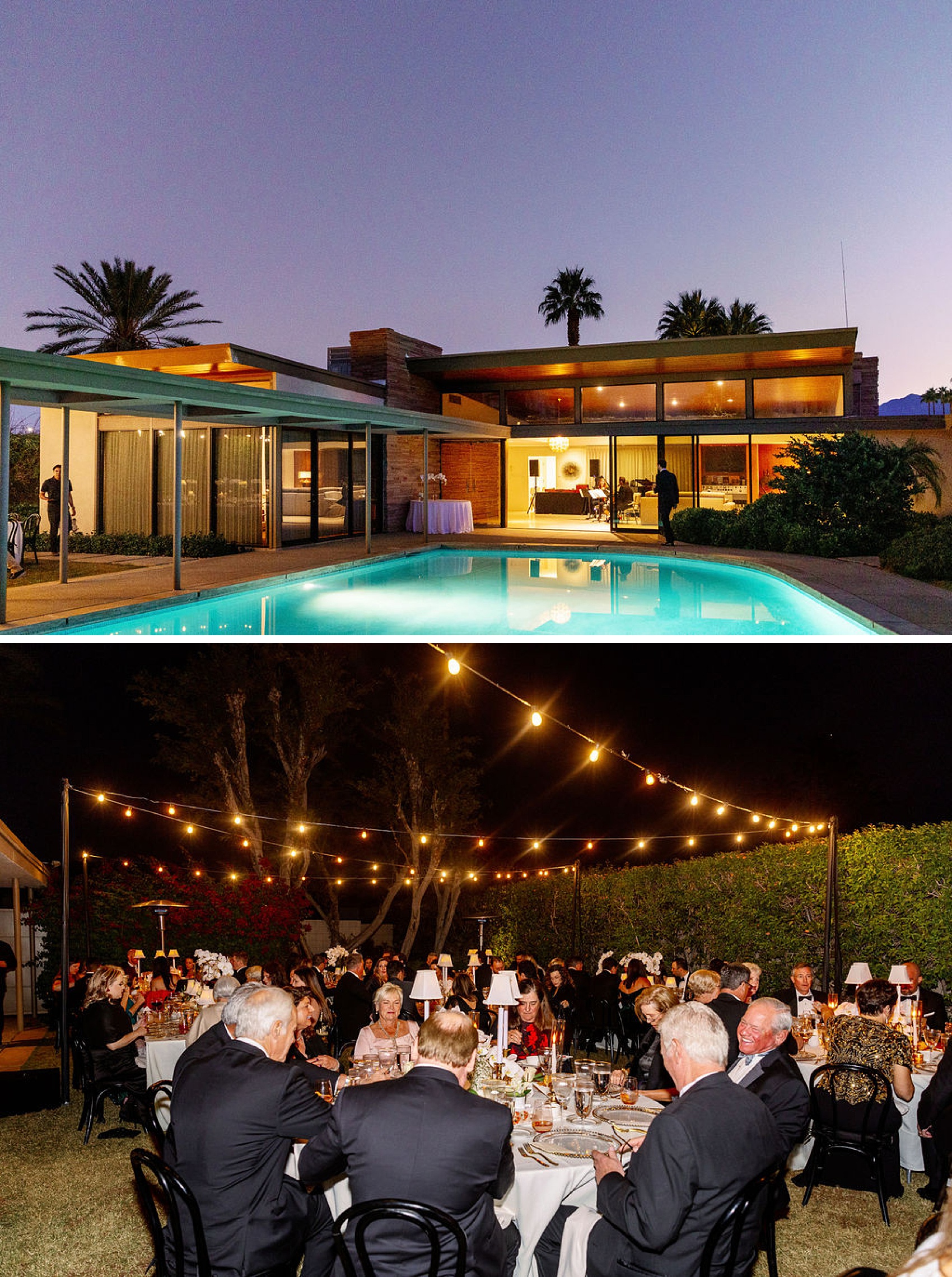 A look at a lively reception outdoors next to the pool and living room