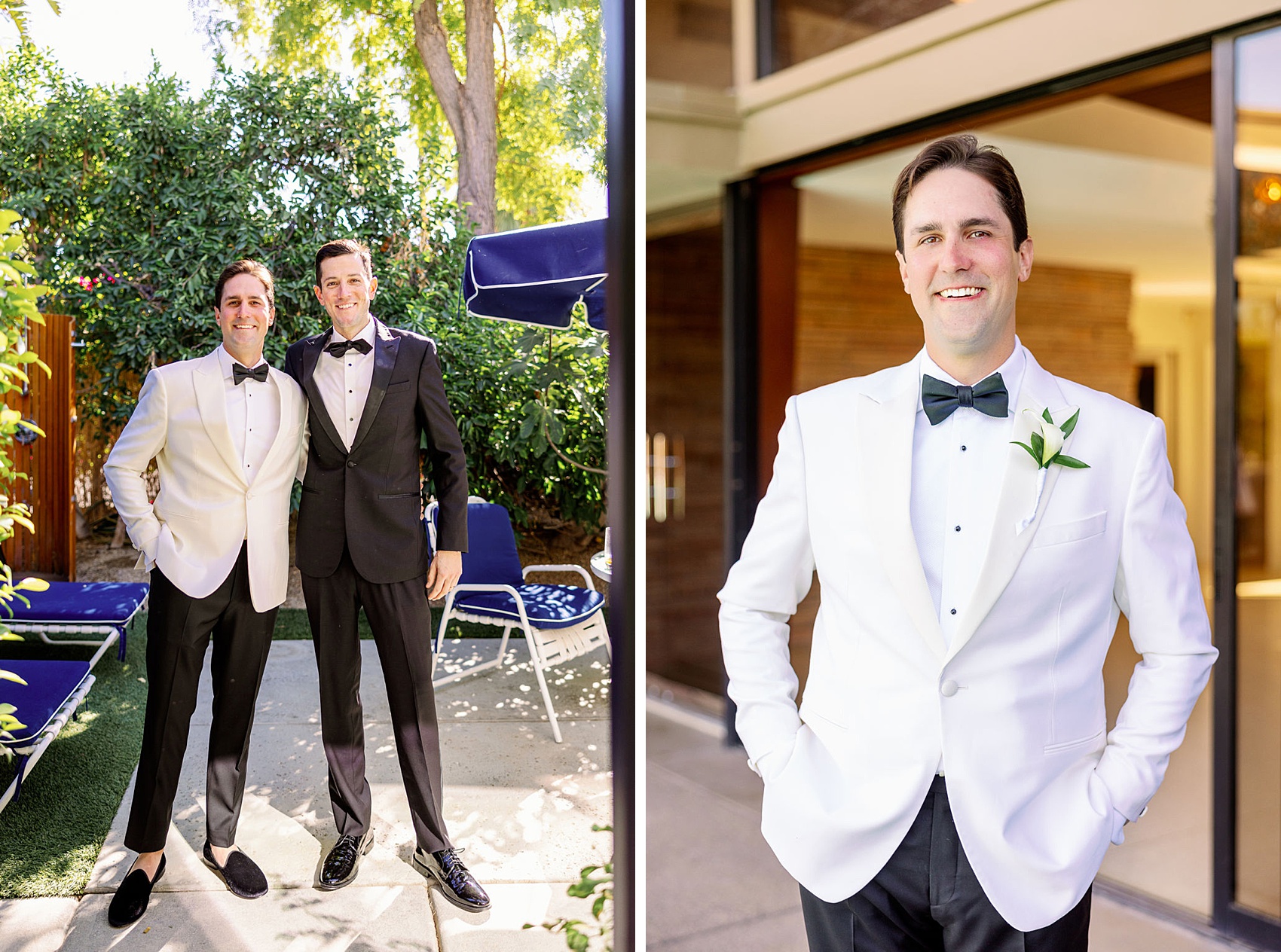 A groom stands with his groomsman in black next to him smiling with hands in pockets before his Frank Sinatra Estate wedding