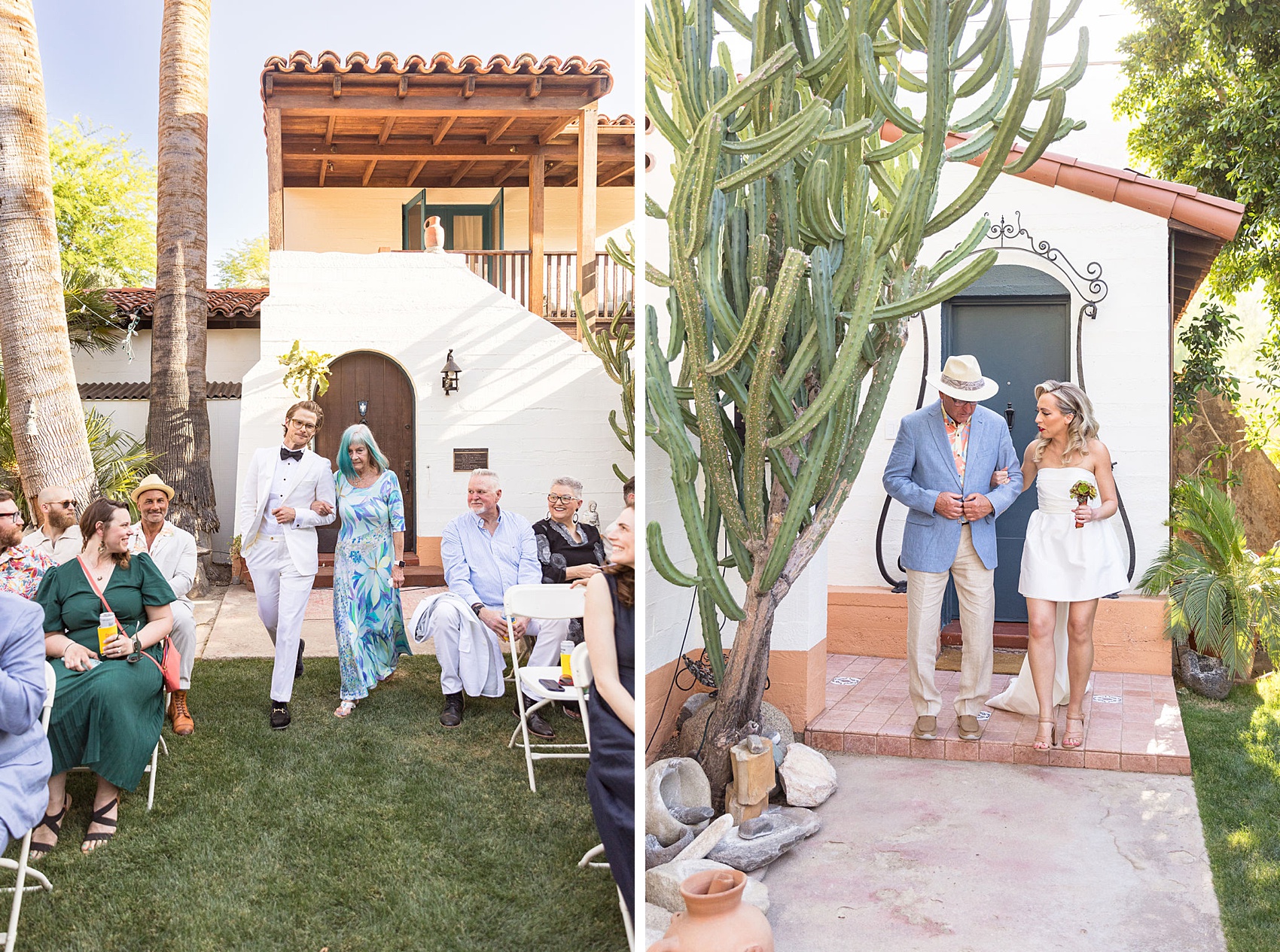 A groom walks down the aisle with mom in a blue dress next to the bride with dad for their palm springs elopement