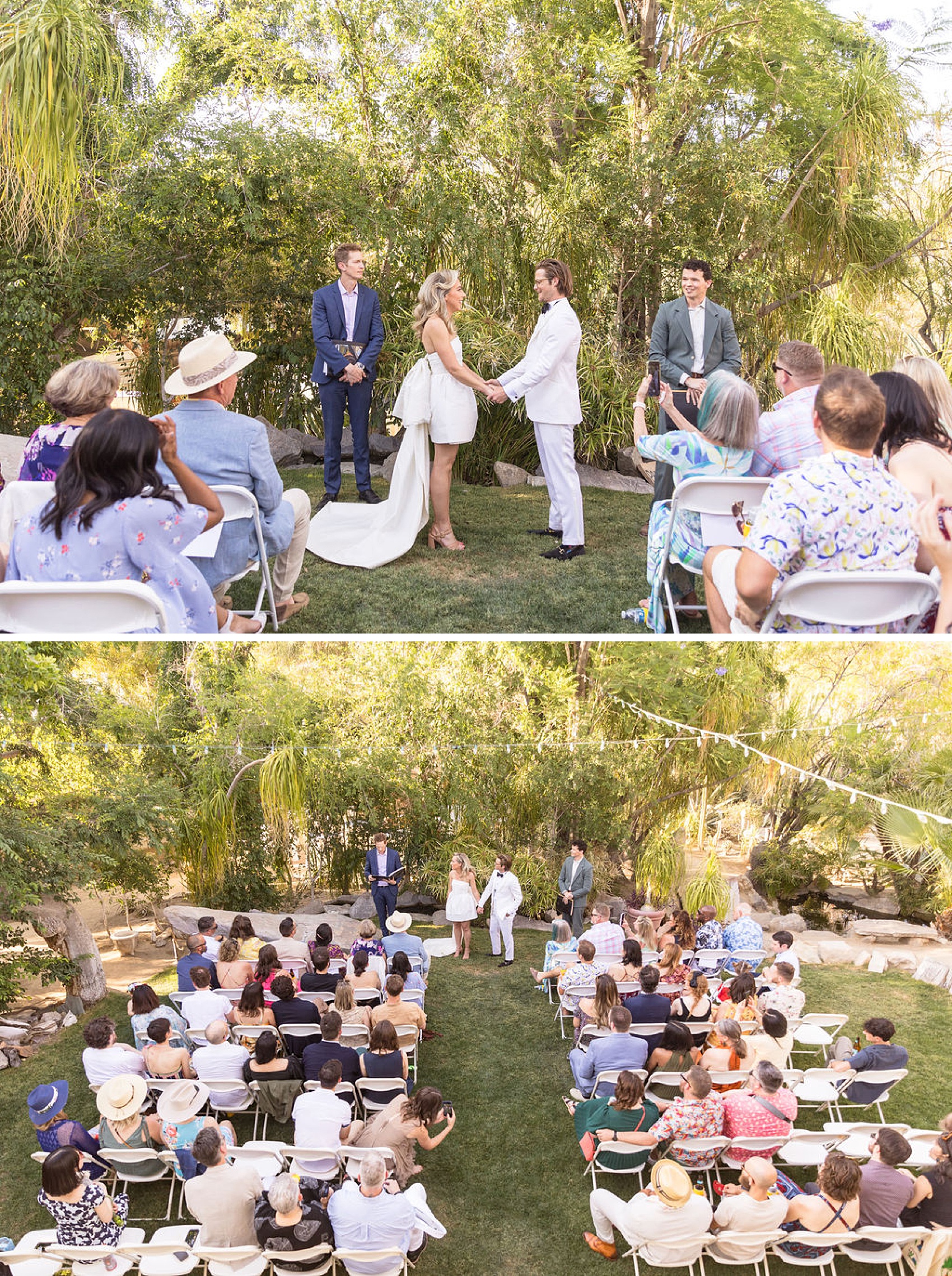 Newlyweds hold hands during their ceremony in two views down the aisle during their garden palm springs elopement