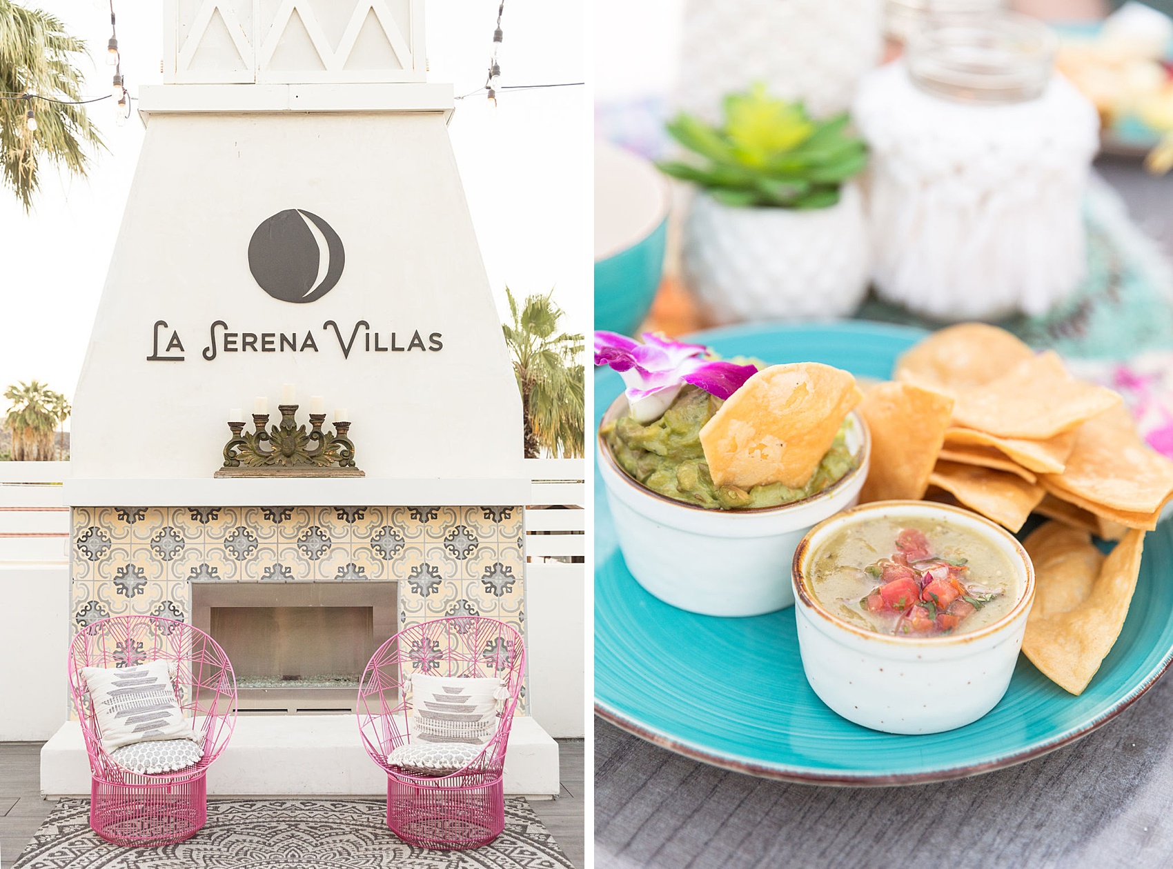 Details of chips and dips on a teal plate next to pink chairs by an outdoor fireplace