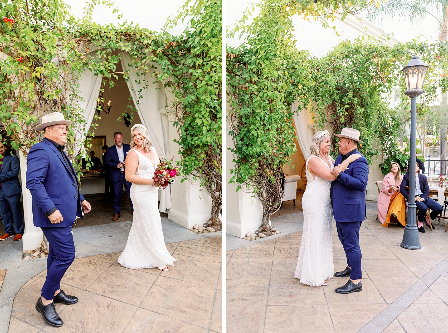 A bride and groom share a happy first dance in the patio of the villa and vine wedding venue