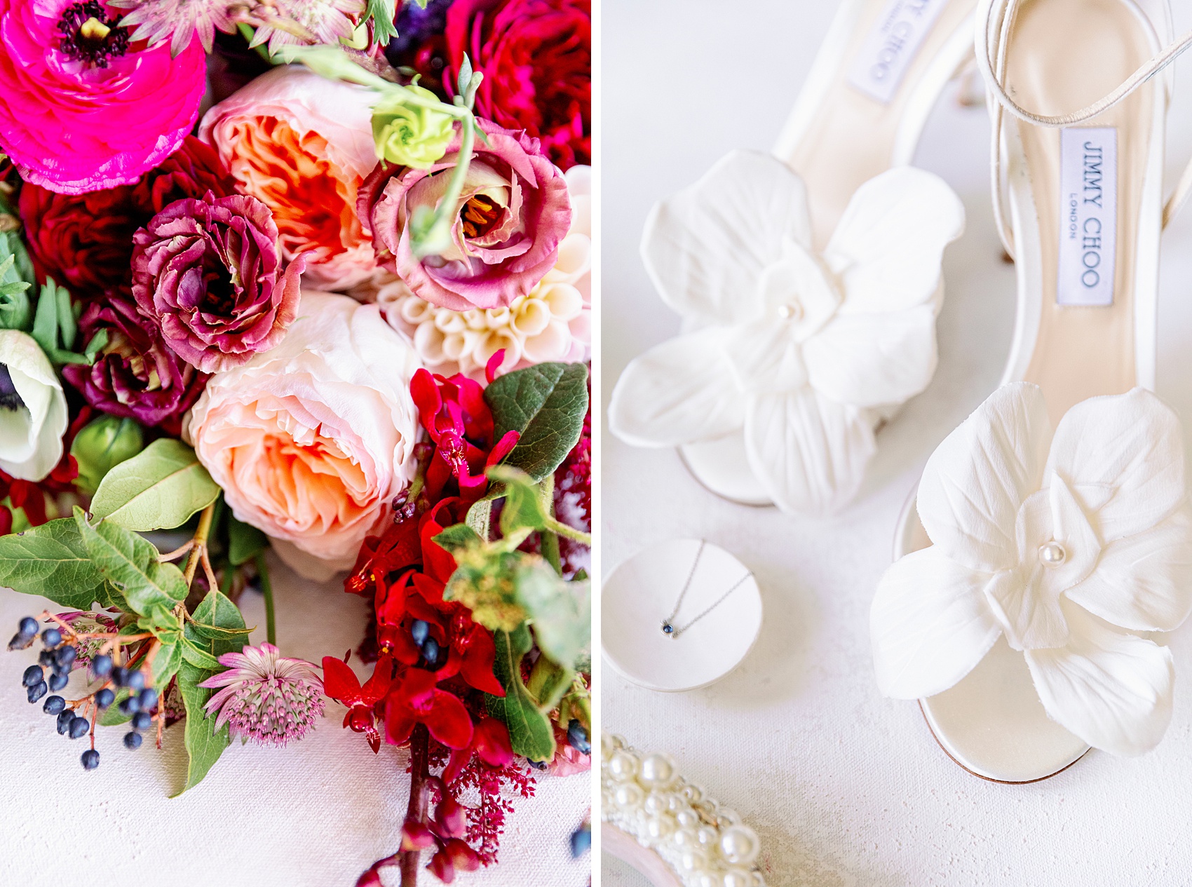 Details of a vibrant bouquet next to the bride's white shoes and pearls