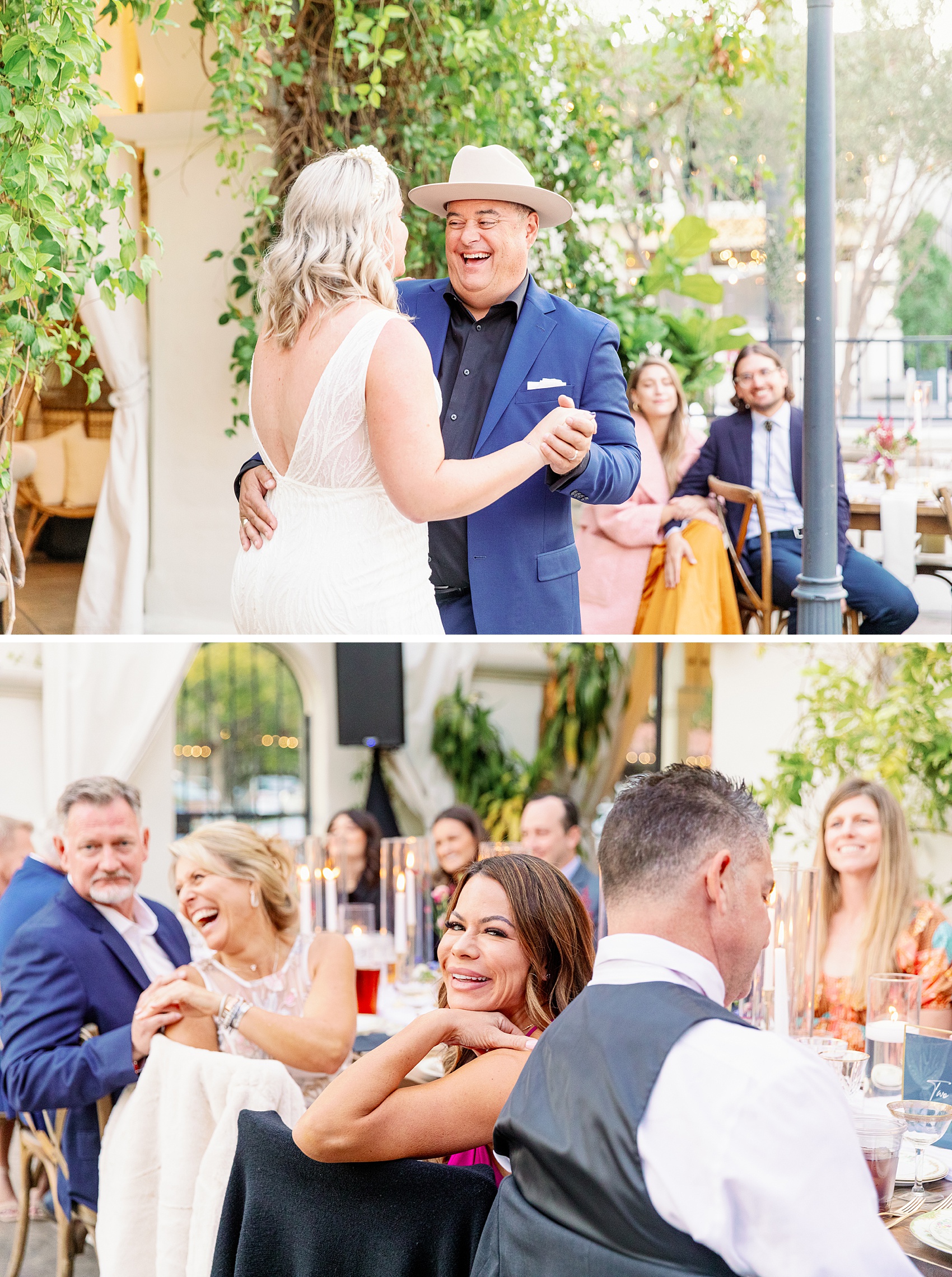 NEwlyweds share a first dance as their guests laugh and look on