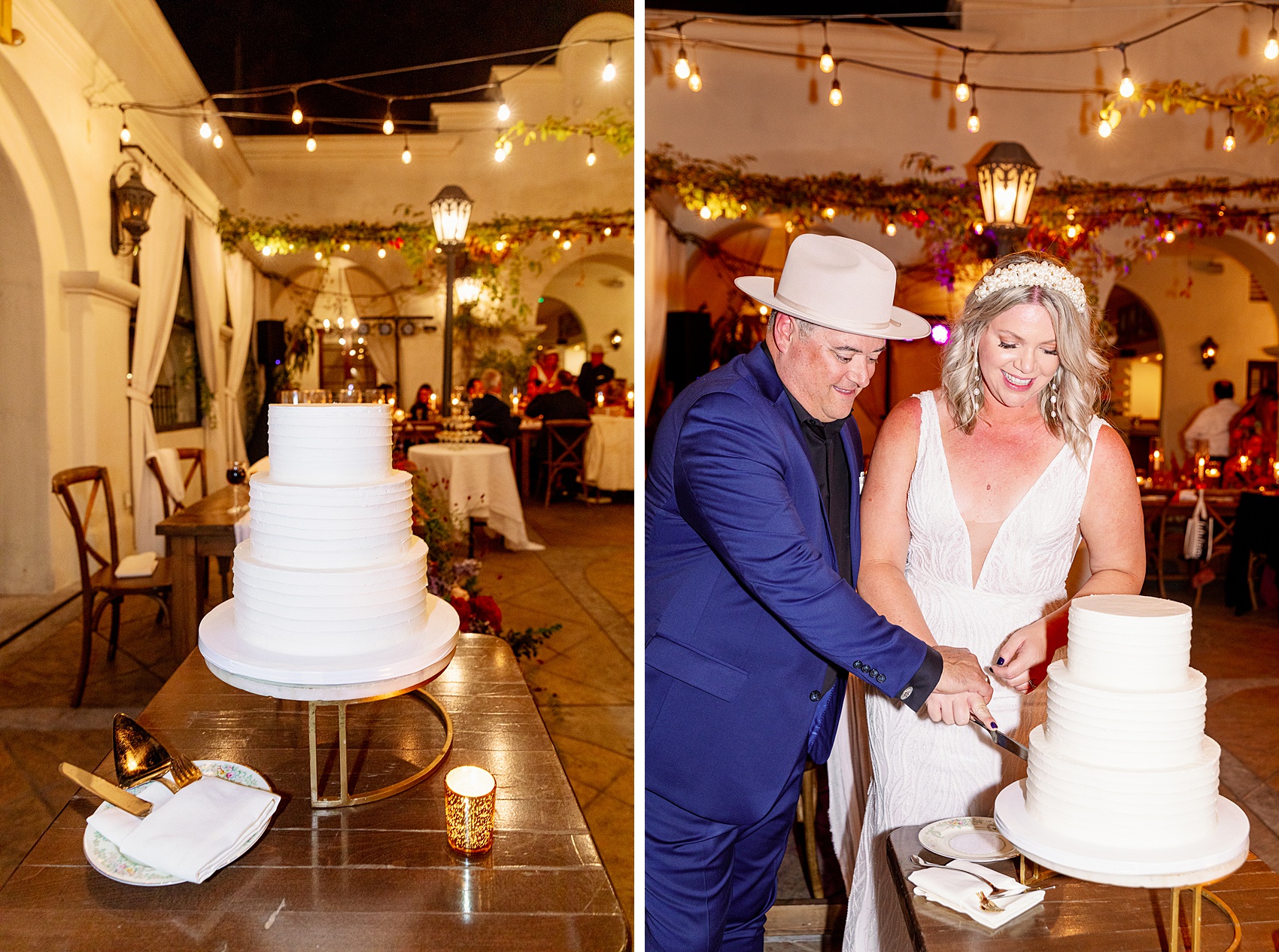 A bride and groom cut their three tier cake under market lights at their villa and vine wedding reception