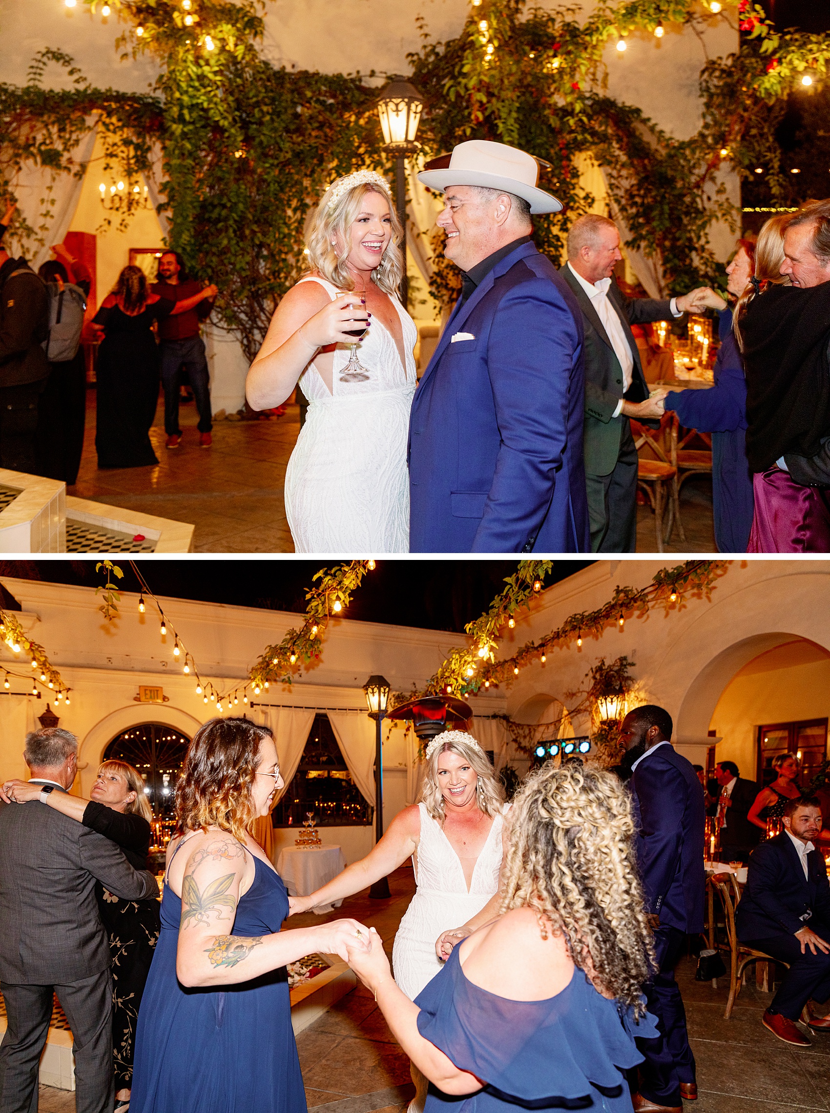 A bride and groom dance and laugh in two photos with their wedding guests at their villa and vine wedding reception