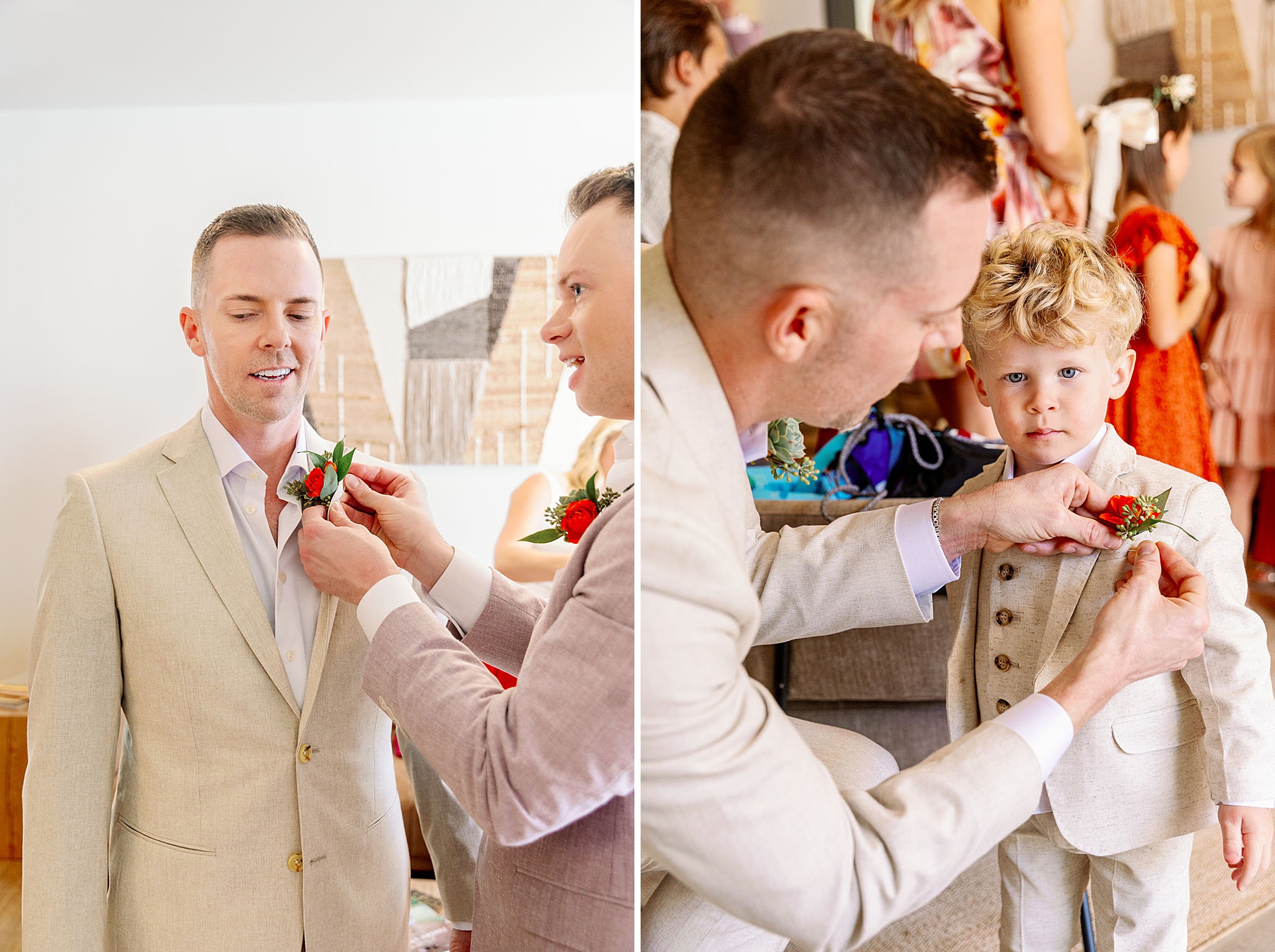 A groom is helped with his boutonniere by his groom next to him helping his young son