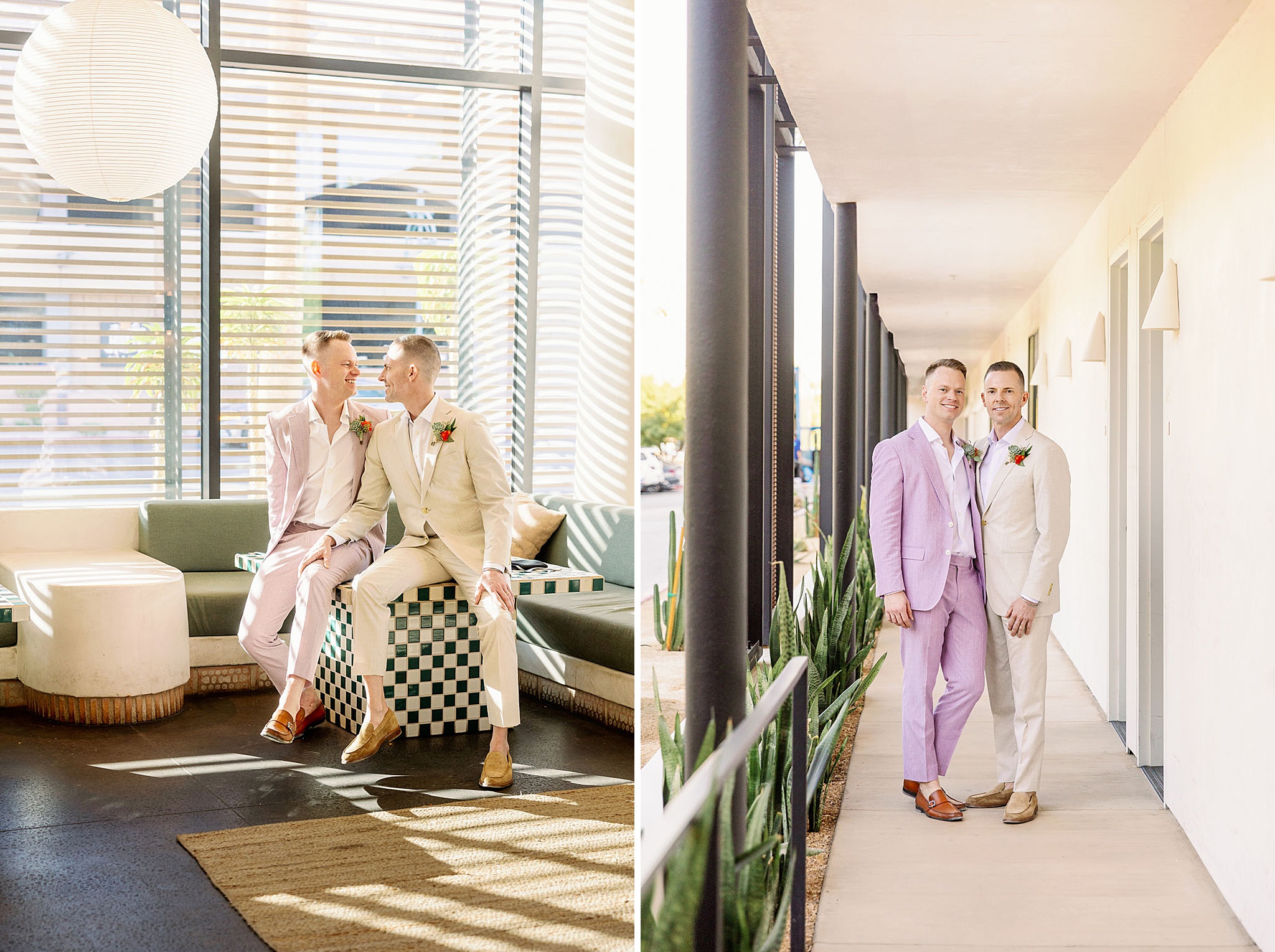 Grooms smile and sit on a table in the drift hotel palm springs wedding venue lobby next to them smiling together in front of a room