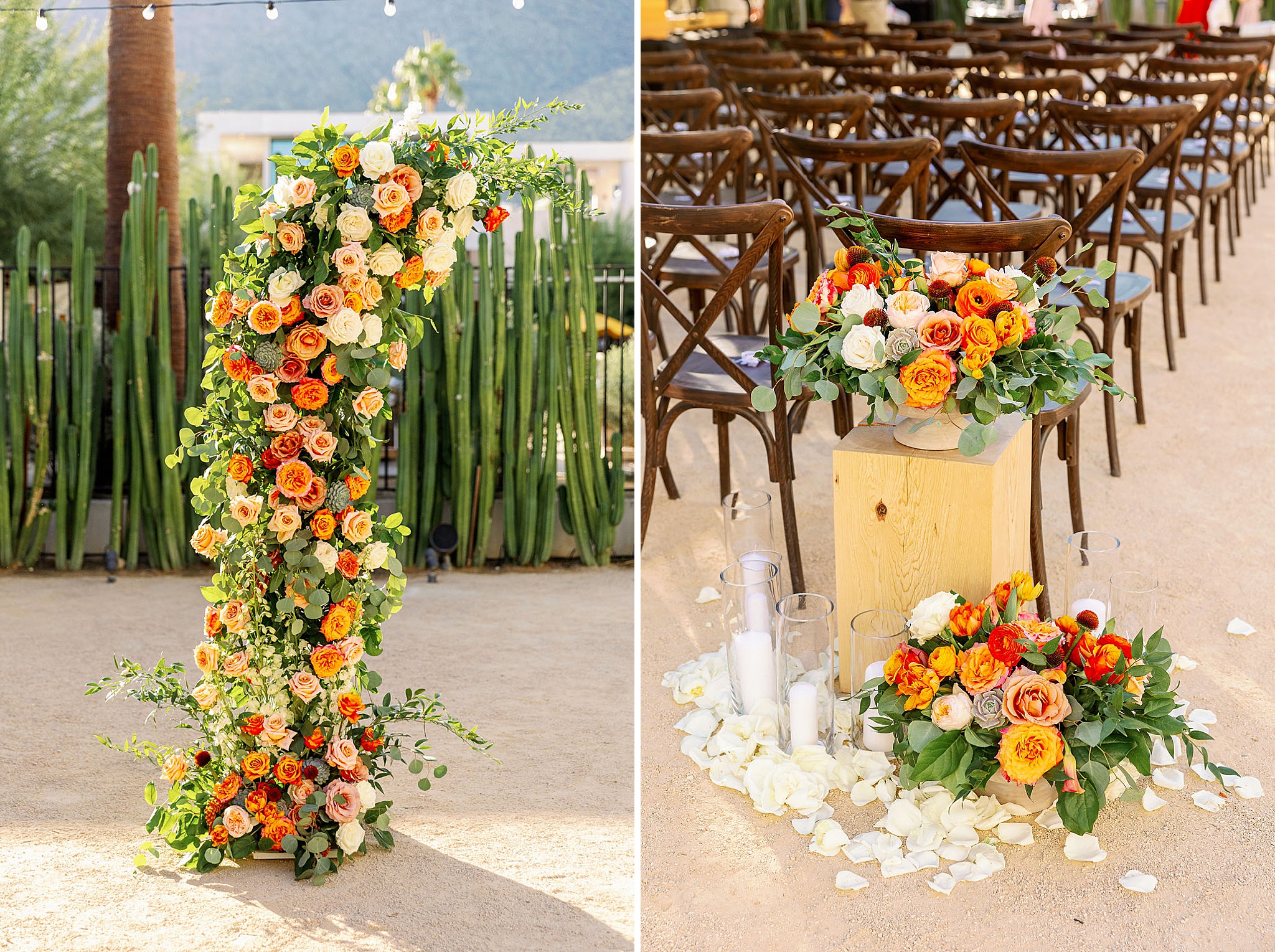 Details of vibrant floral half arch next to ceremony aisle decorations of a drift hotel palm springs wedding cermeony