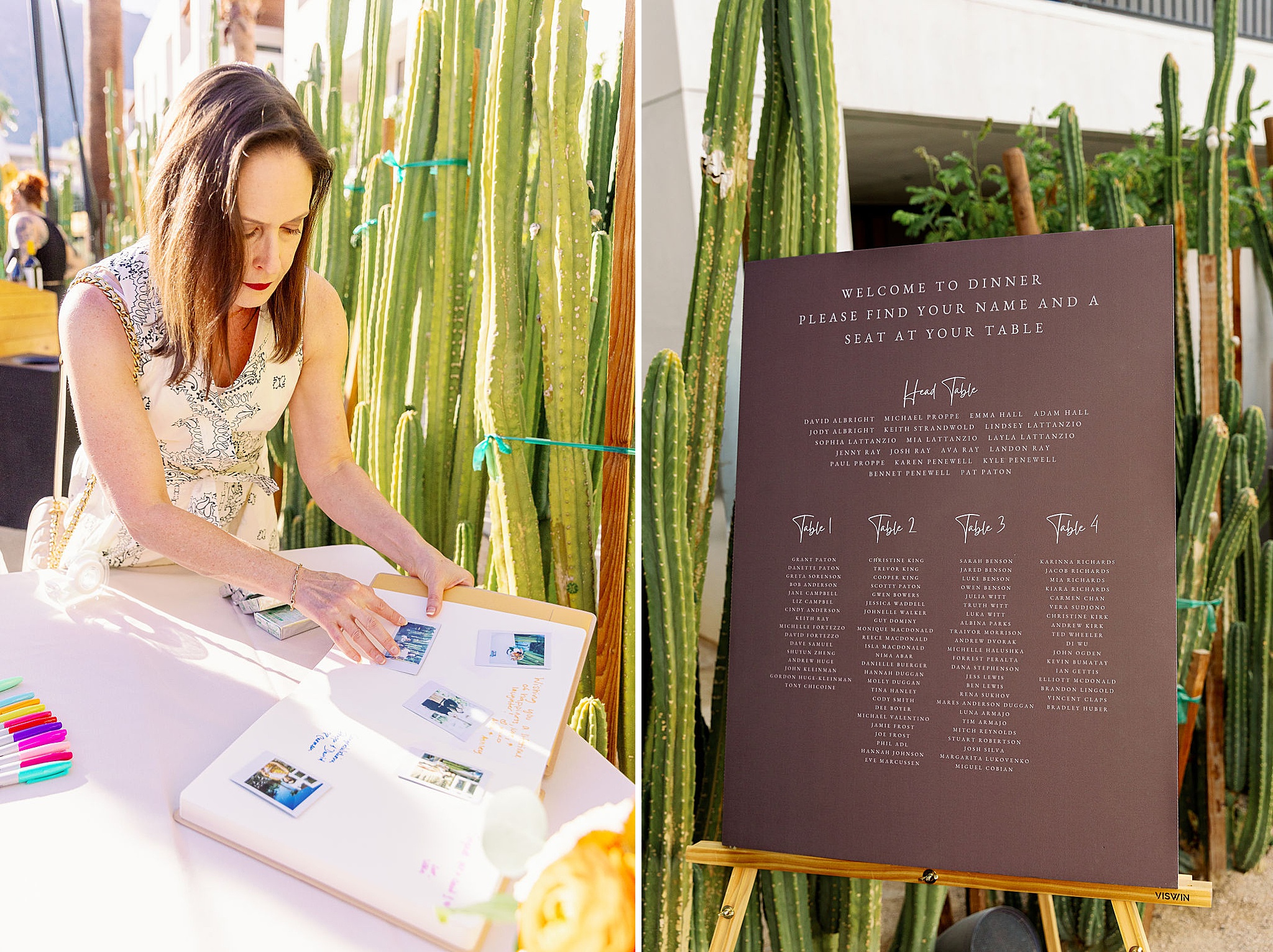 Details of a unique polaroid guestbook next to a custom dinner seating assignment sign