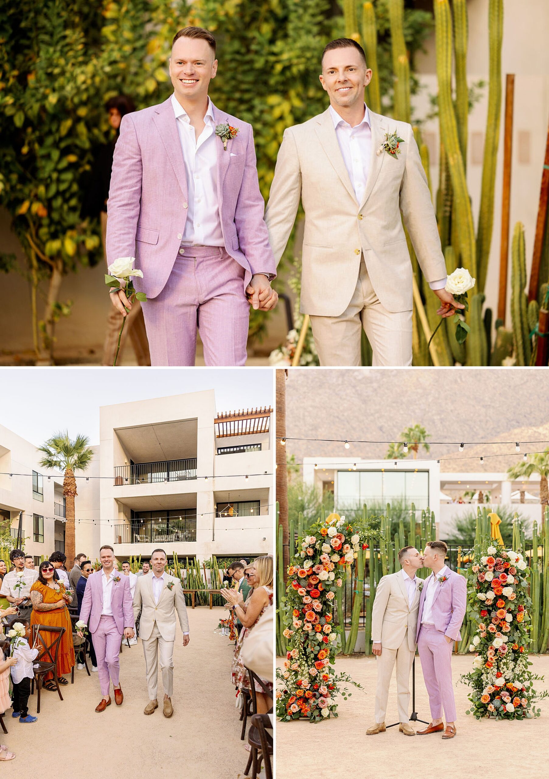Happy grooms walk back up the aisle holding hands as guests clap and kiss at the altar