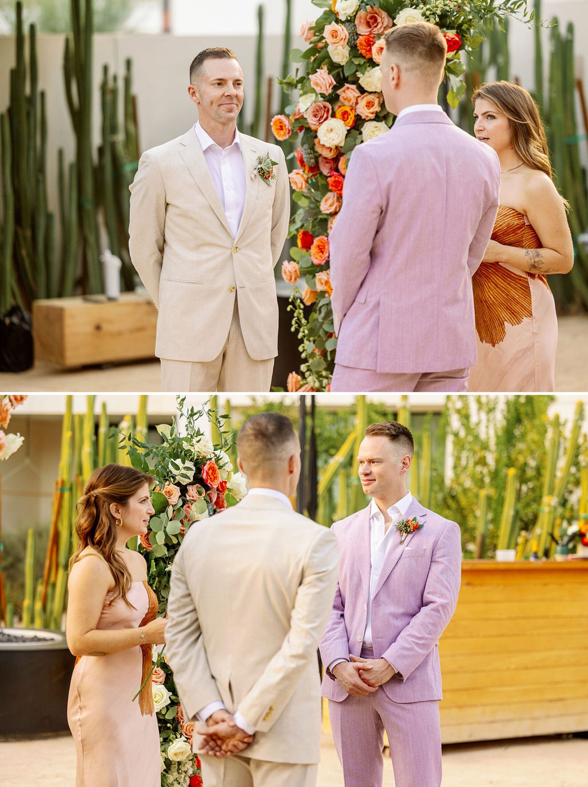 Grooms stand smiling at each other and listening to their officiant during their outdoor drift hotel palm springs wedding ceremony