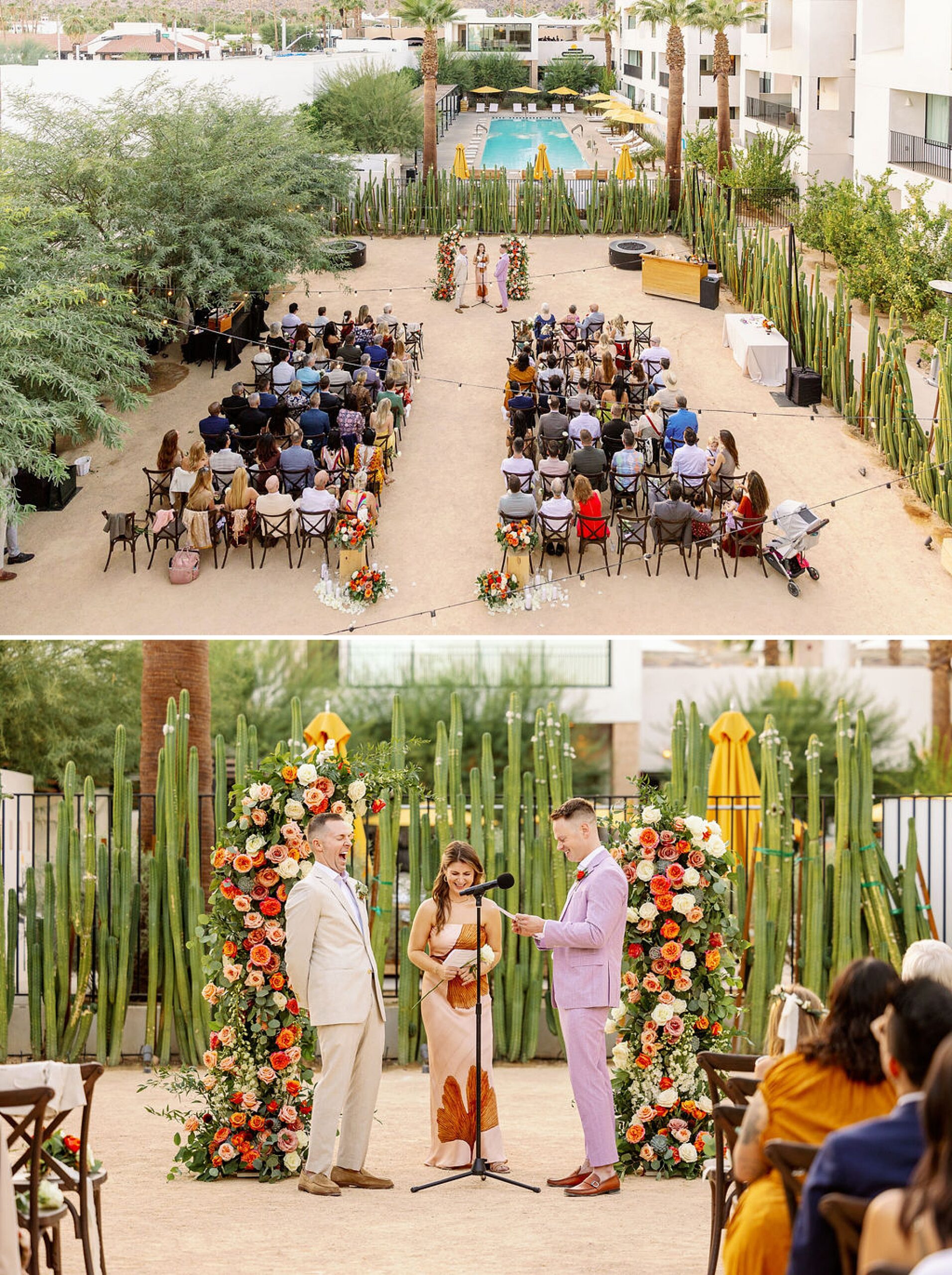 A look down from a balcony of a wedding ceremony in a garden above the grooms laughing during vows of their drift hotel palm springs wedding ceremony