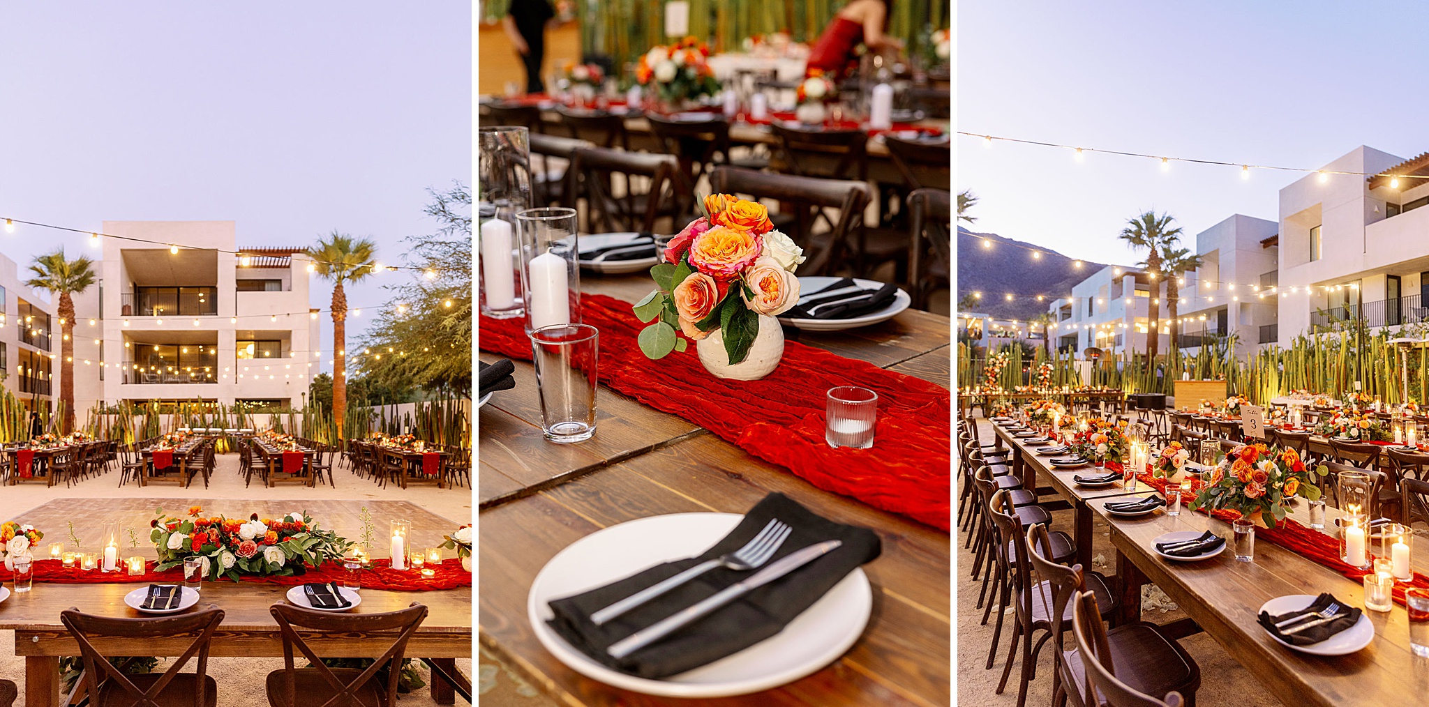 Details of a sunset drift hotel palm springs wedding reception with red table runner and black napkins