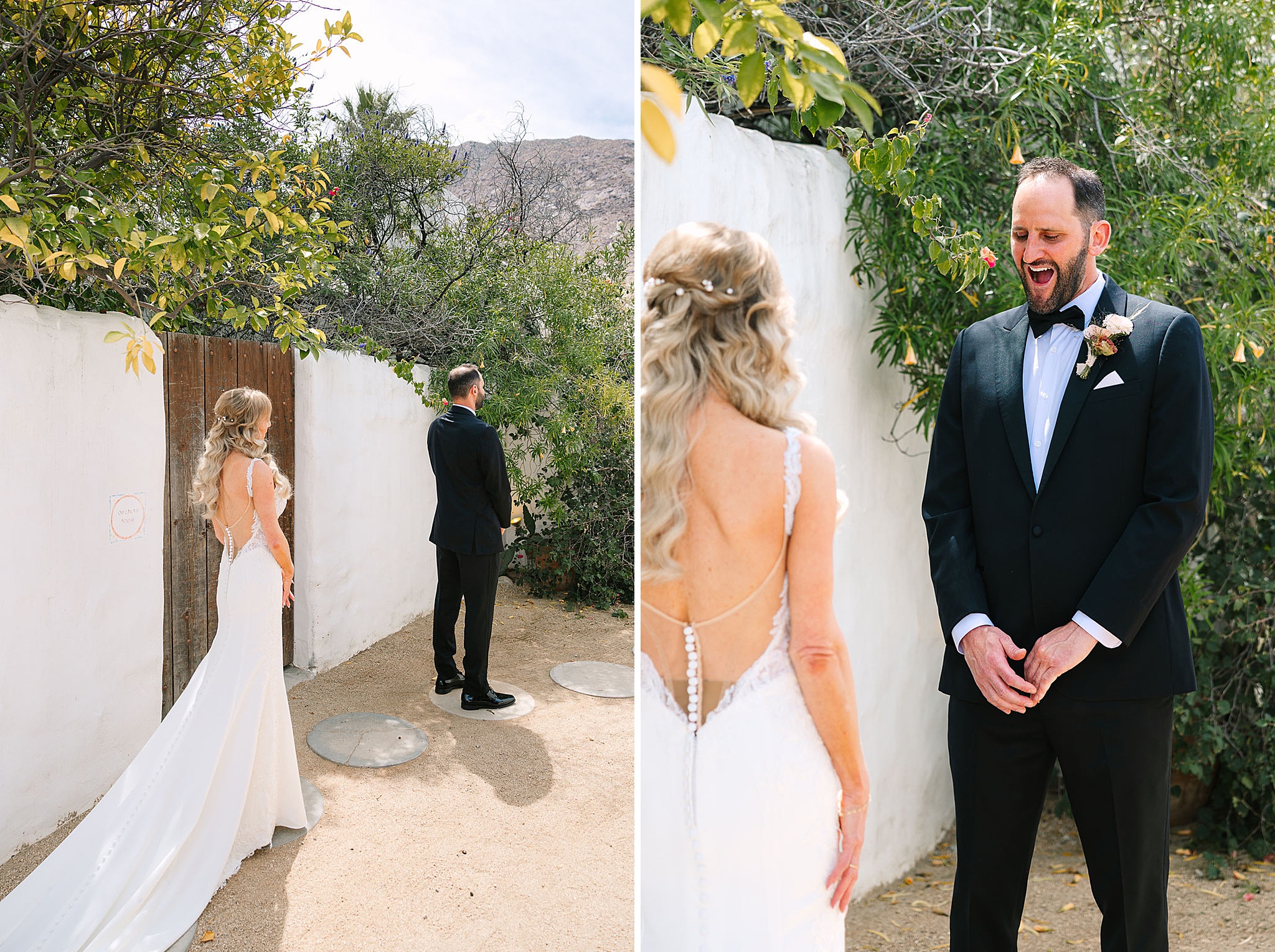 A groom awaits his bride for their first look next to him reacting to seeing her