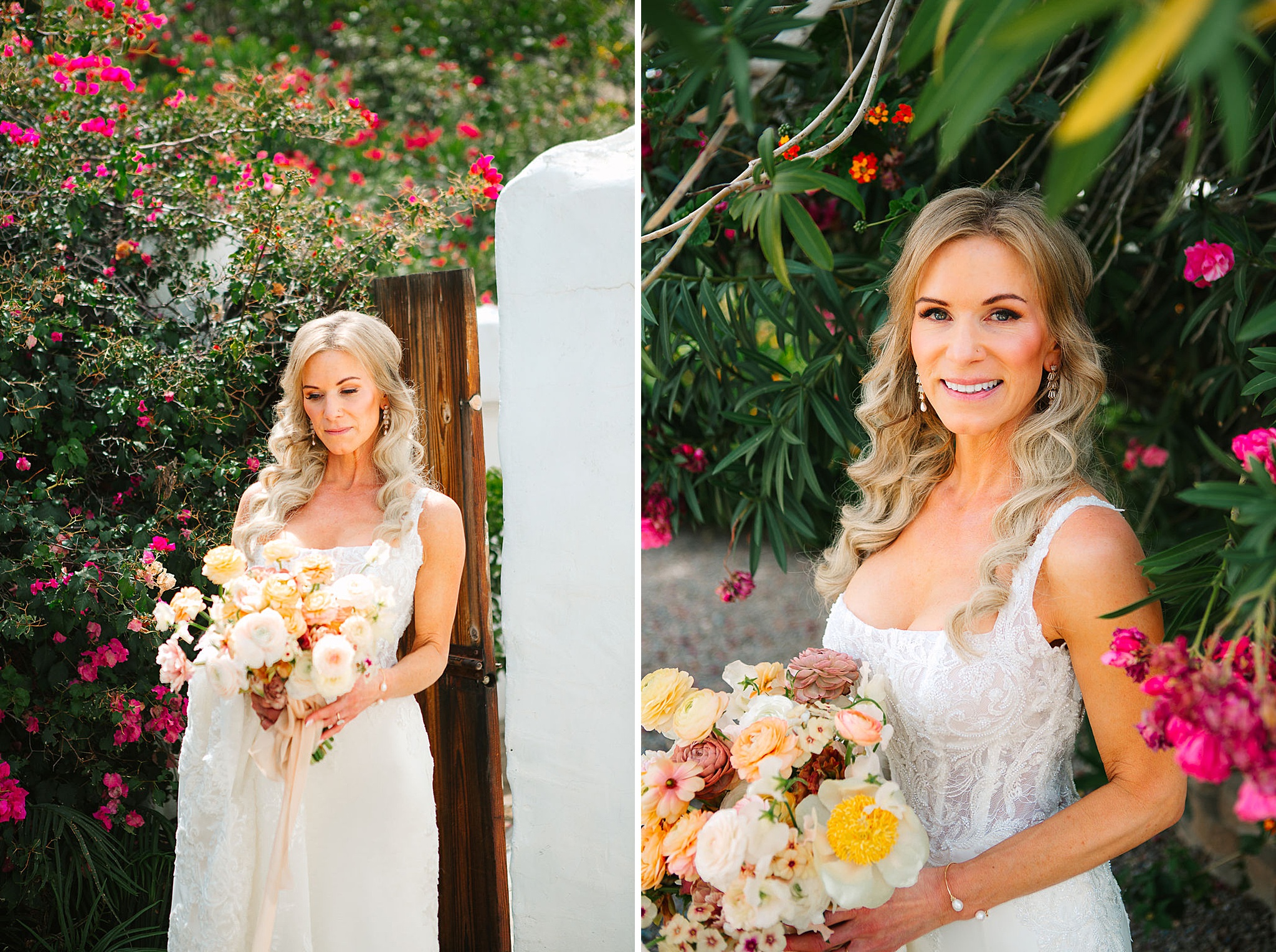 A bride admires her bouquet in her hands next to her smiling in a colorful garden at the korakia pensione wedding venue