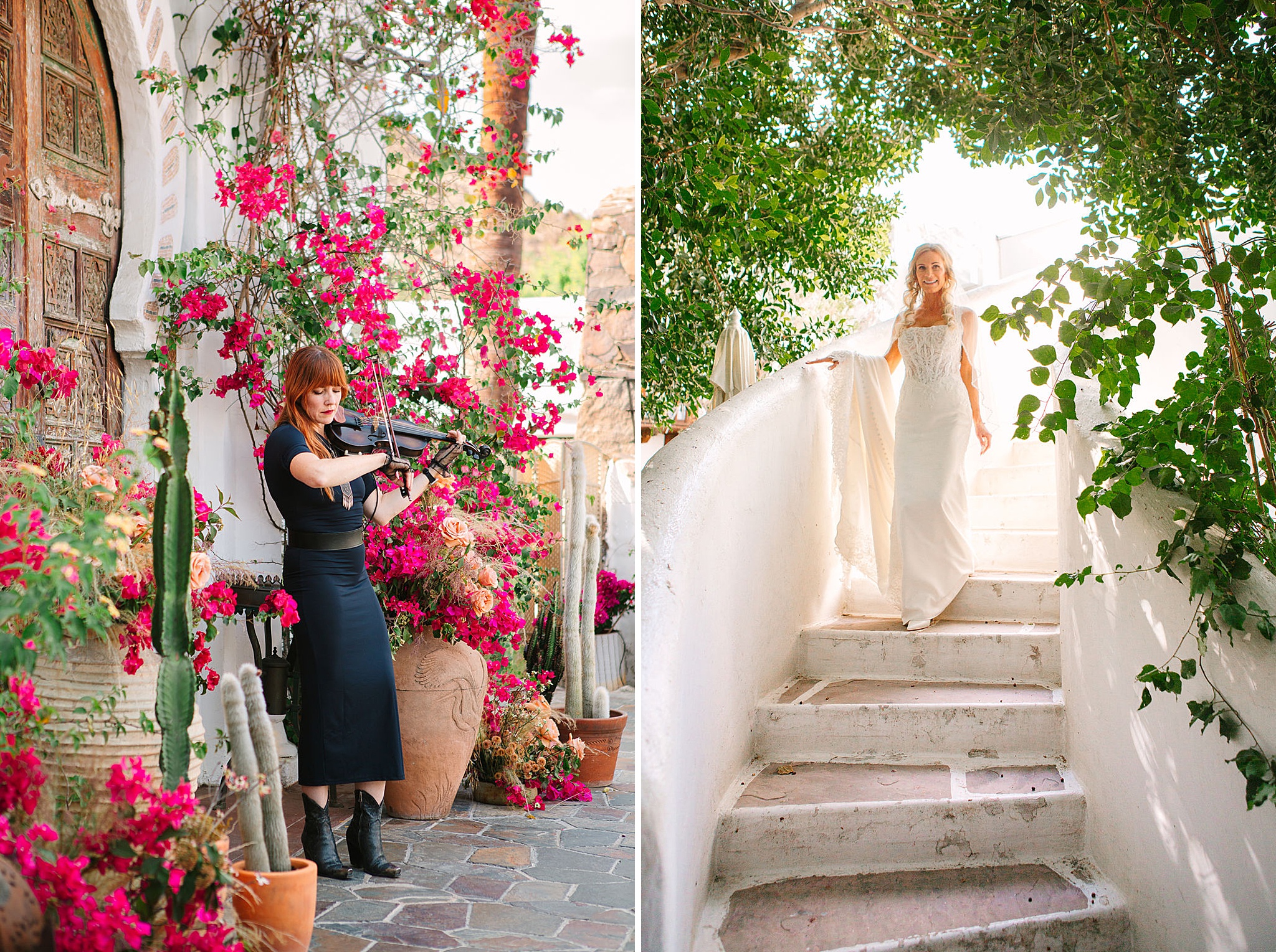 A violinist plays surrounded by pink azaleas next to the bride walking down garden stairs