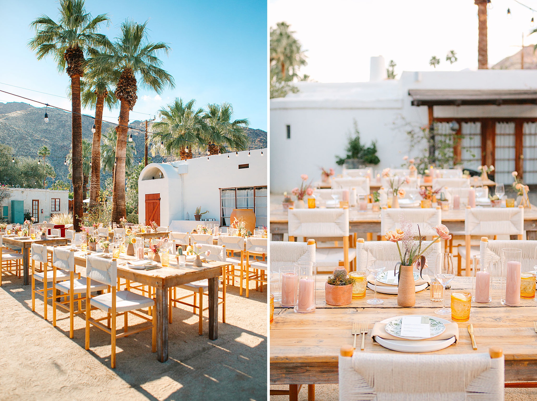 Details of a korakia pensione wedding reception set up with golds and pinks on wooden tables outdoors