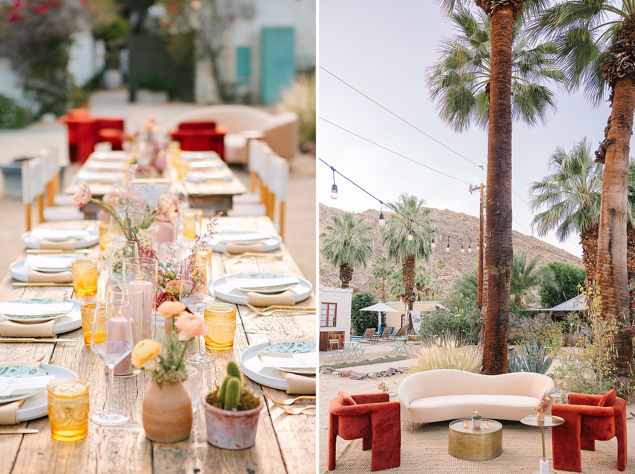 Details of a wedding reception set up on a long wooden table next to an outdoor lounge