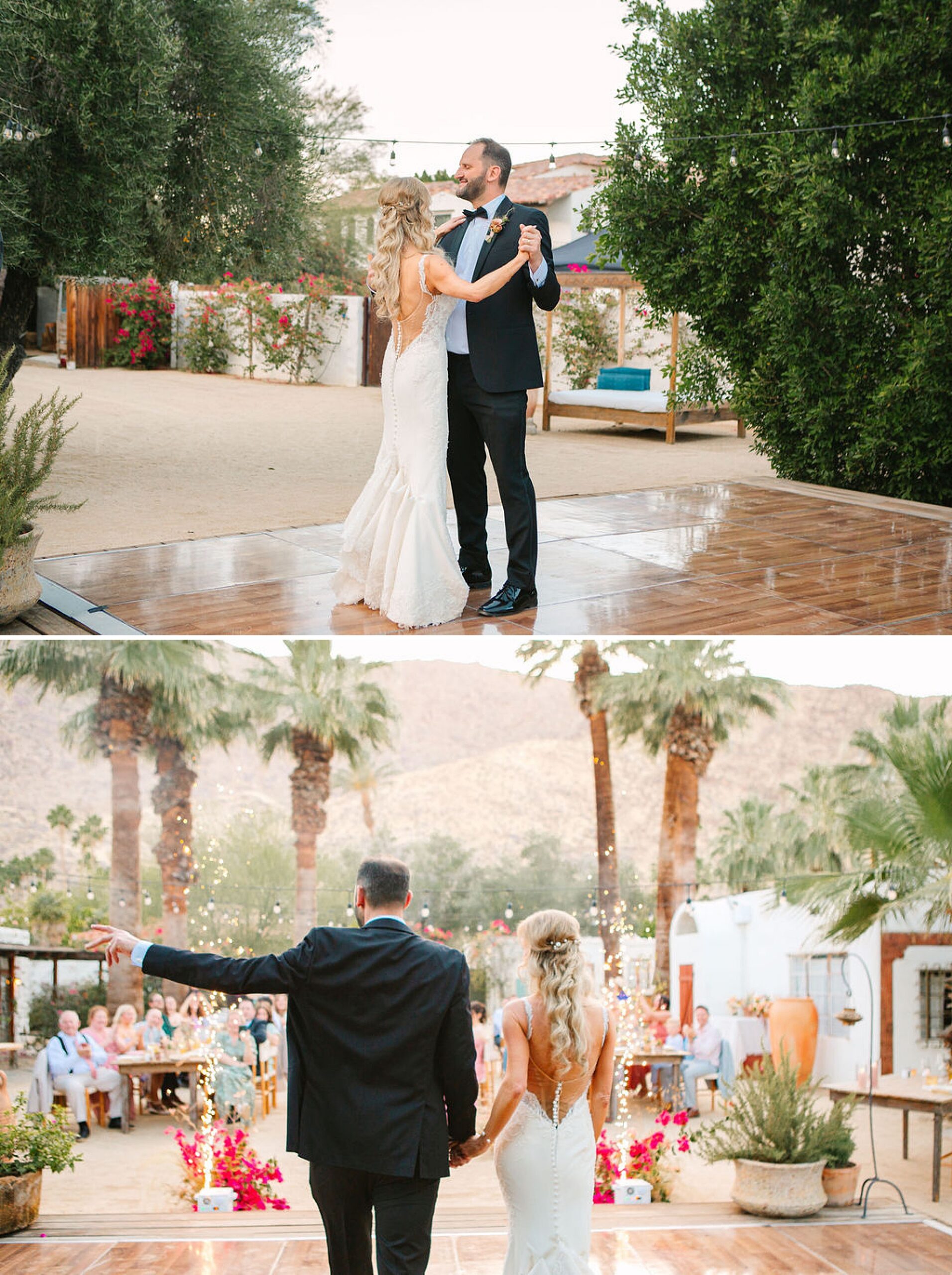 Newlyweds share a first dance above them holding hands while entering korakia pensione wedding