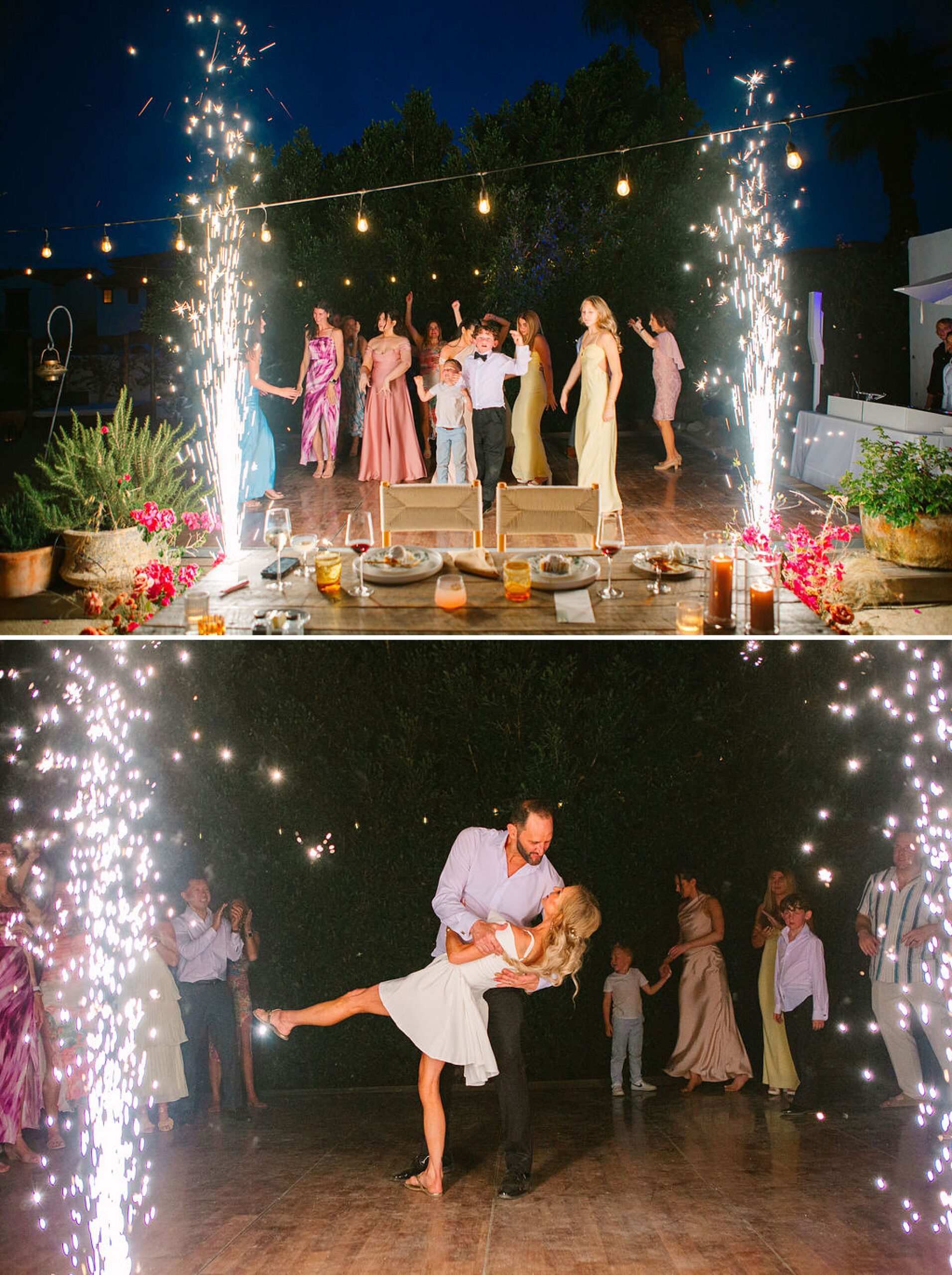 Wedding guests dance near pyrotechnics next to the newlyweds dip at their korakia pensione wedding
