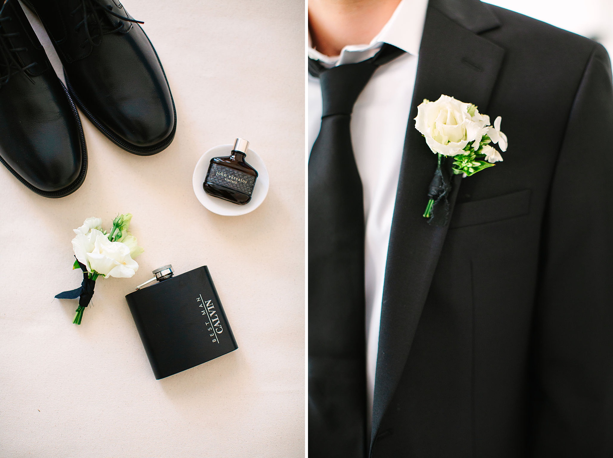 Groom details of his shoes, flower, cologne and custom best man flask next to boutonniere on his lapel