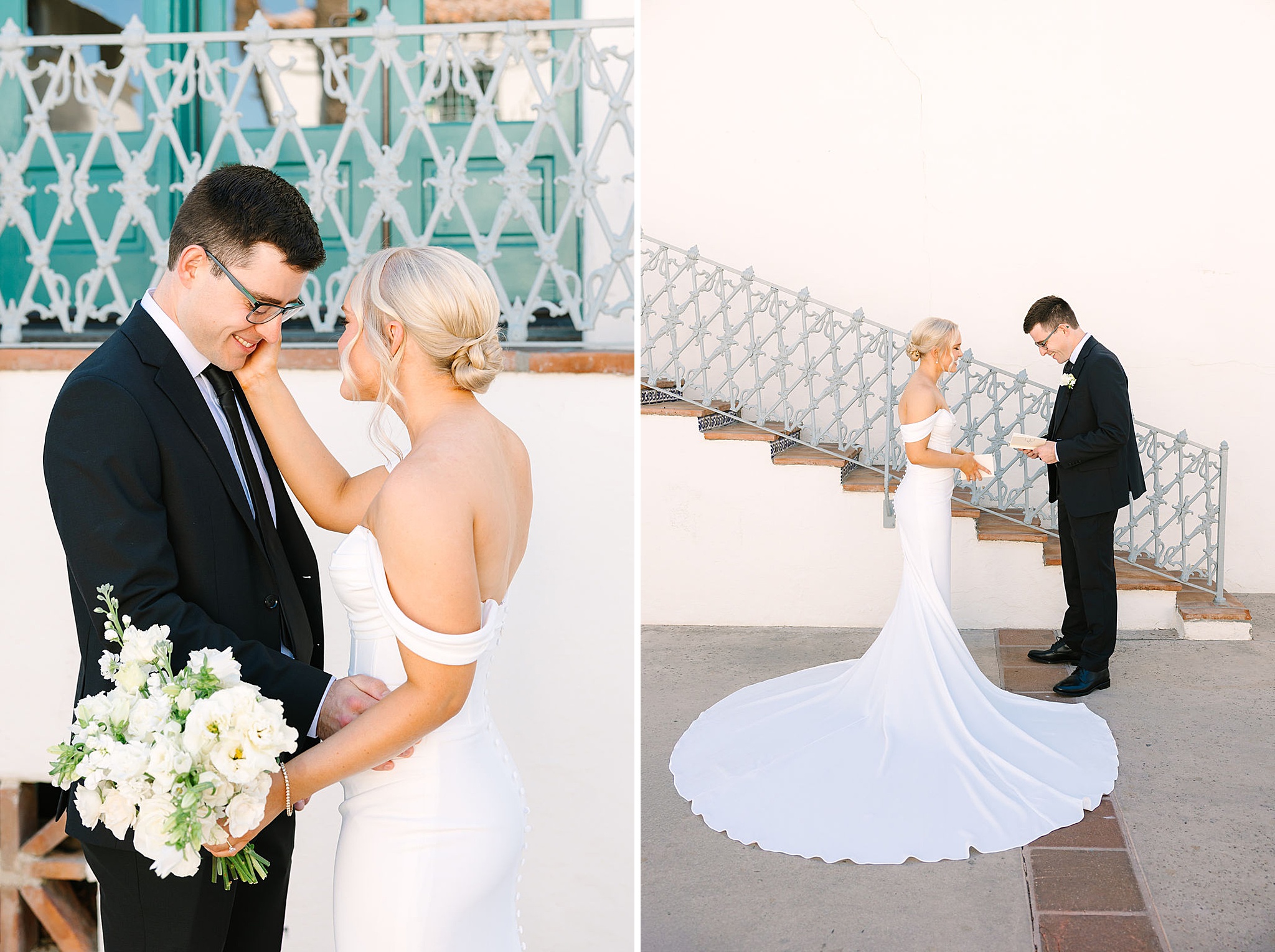 Happy newlyweds stand at the merv griffin estate wedding venue reading to each other and admiring each other