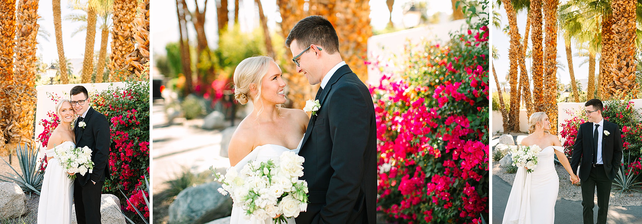 Newlyweds snuggle and smile while strolling a colorful garden at sunset at the merv griffin estate wedding venue