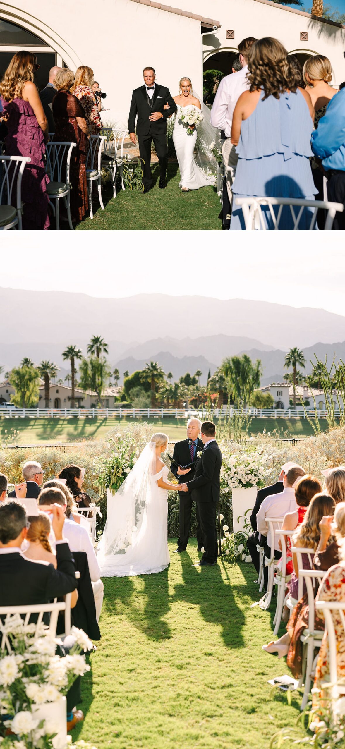 A bride is escorted down the aisle by dad in a tux above her holding hands with groom at altar