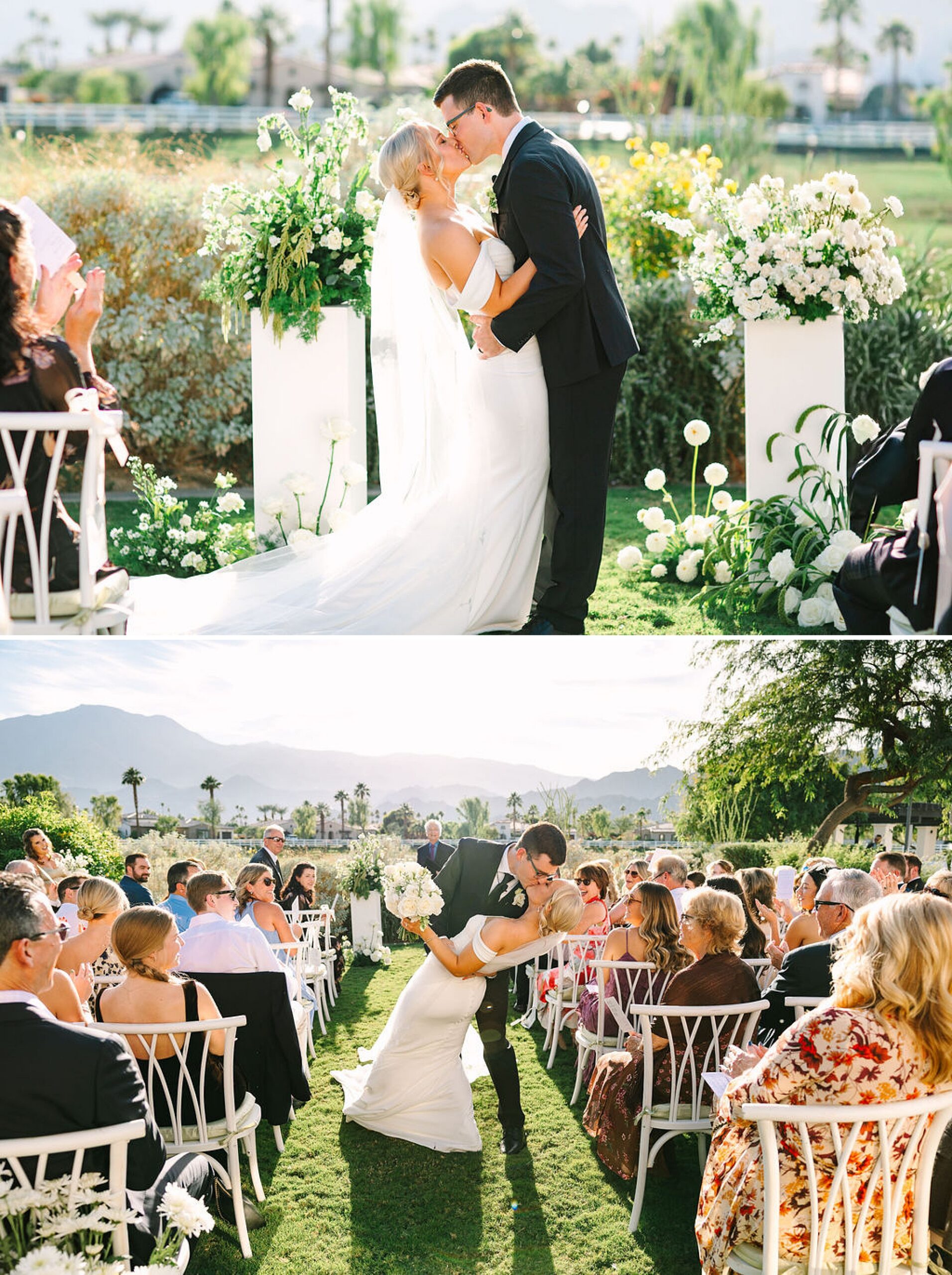 Newlyweds kiss at the altar and in the aisle during their merv griffin estate wedding ceremony to mark the end as guests watch