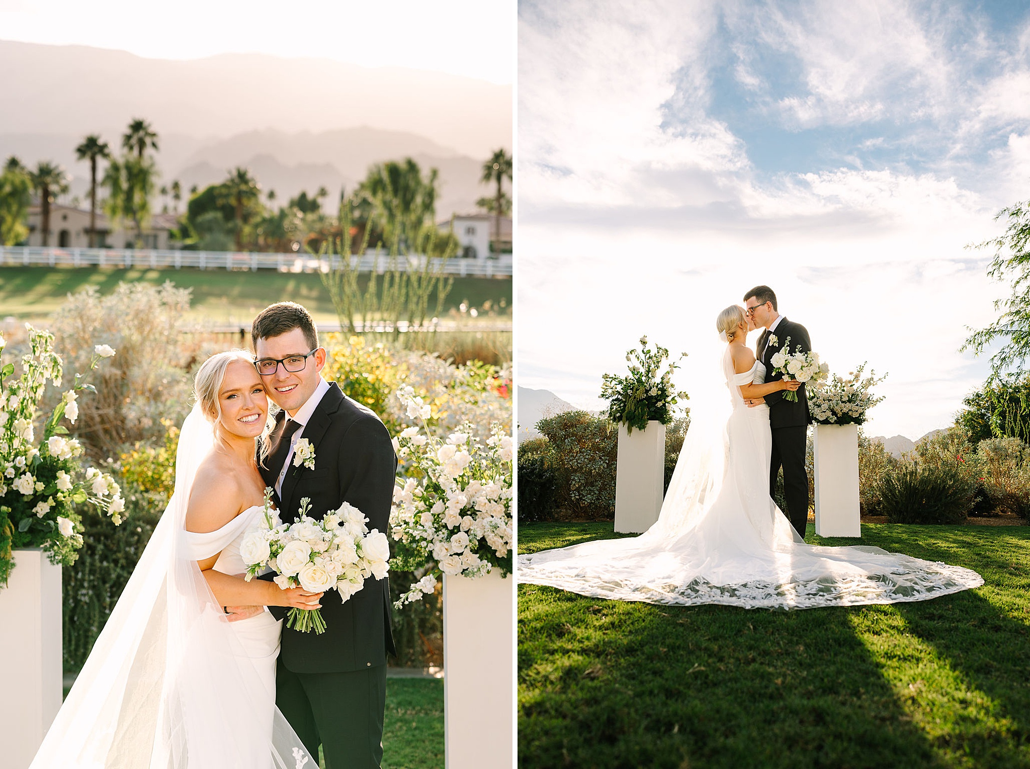 Newlyweds kiss at the altar in the lawn of the merv griffin estate wedding venue next to them standing cheek to cheek