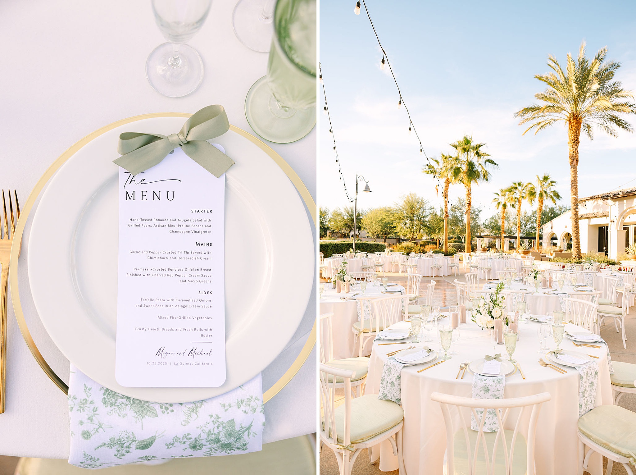 Details of a merv griffin estate wedding reception set up outdoors on the patio next to a plate setting with menu