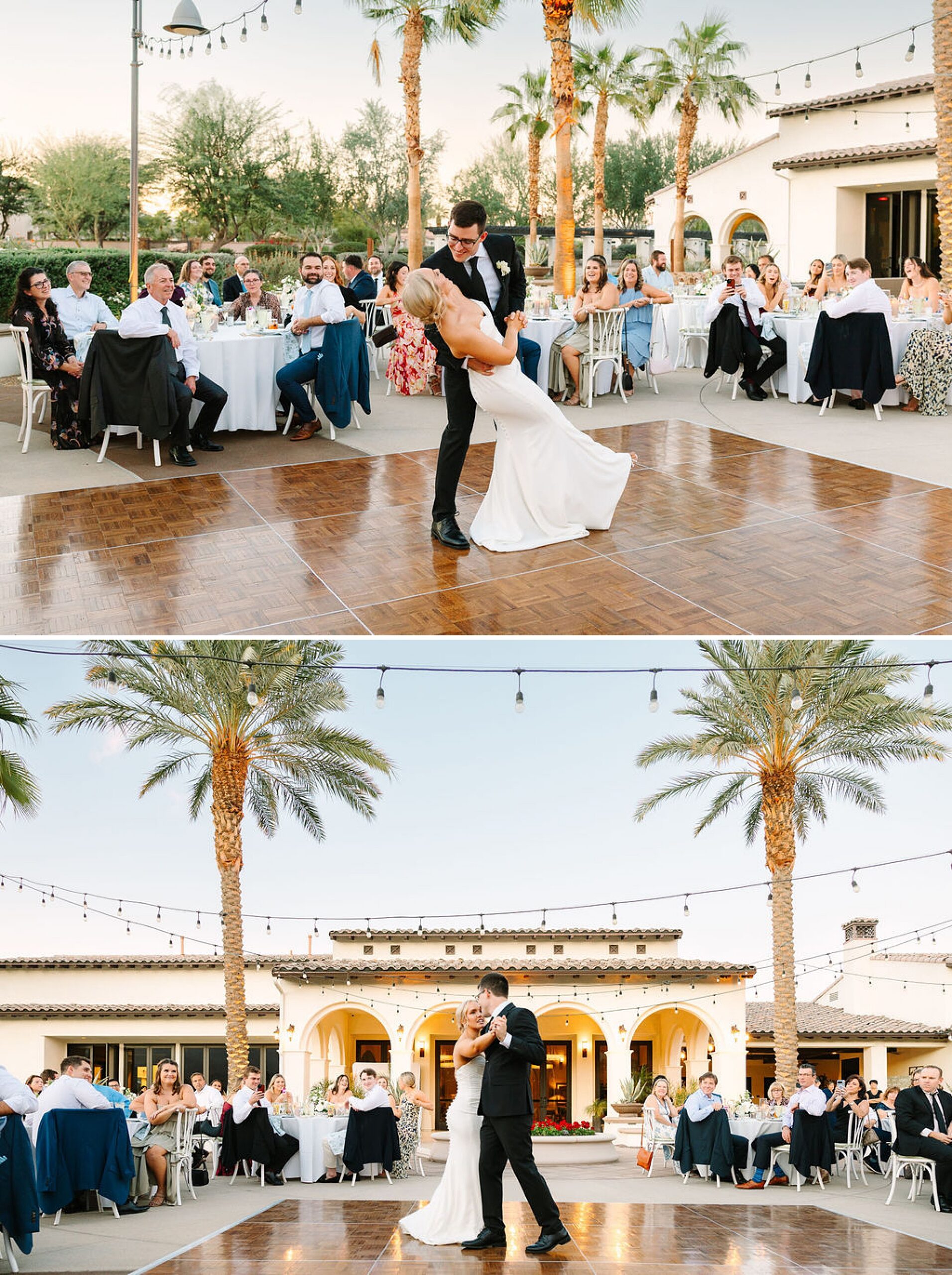 Two images of a bride and groom dancing during their first dance with a dip and spin as guests watch at the merv griffin estate wedding venue