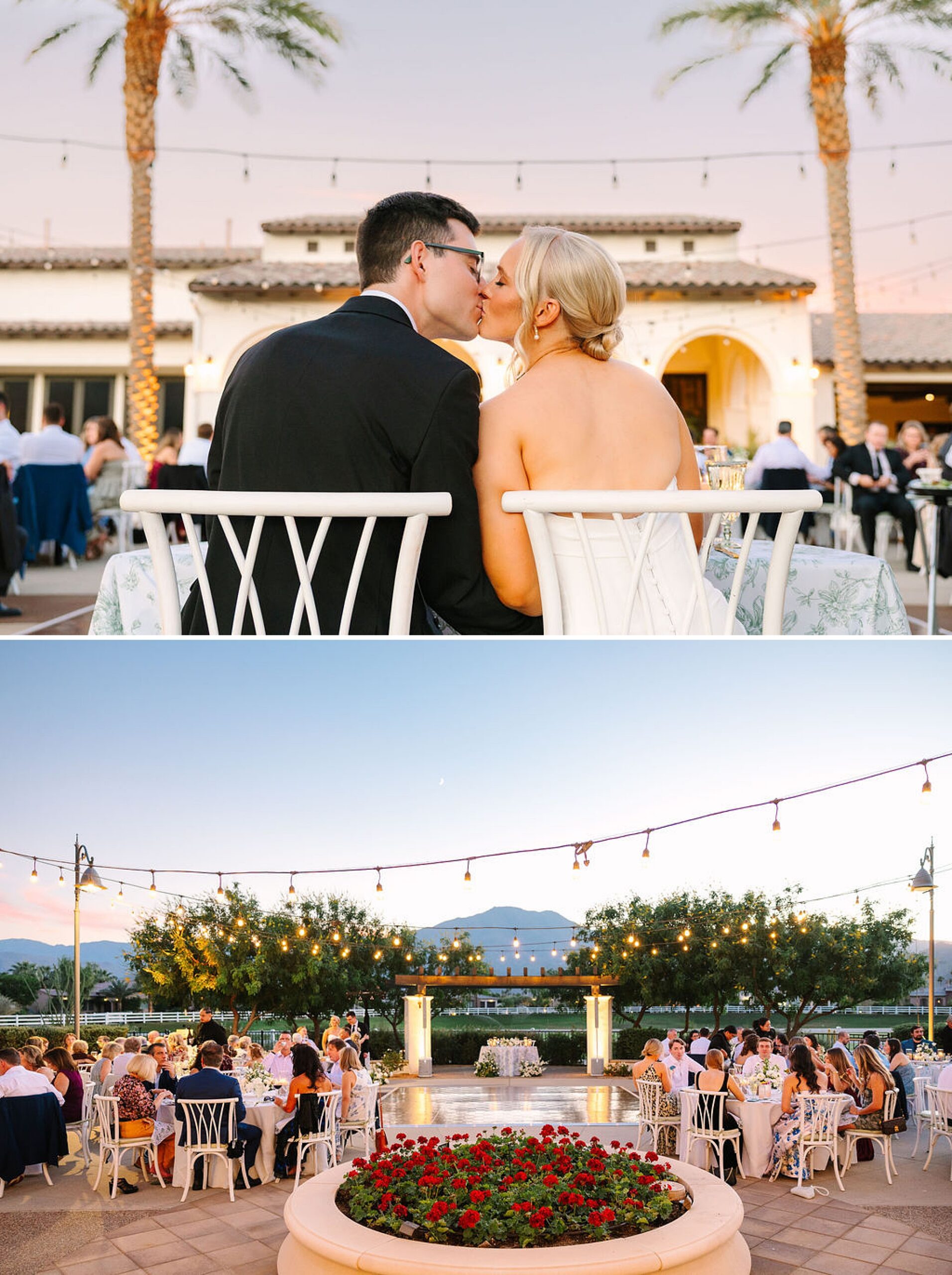 A bride and groom kiss at sunset at their head table away from guests under market lights during their merv griffin estate wedding reception
