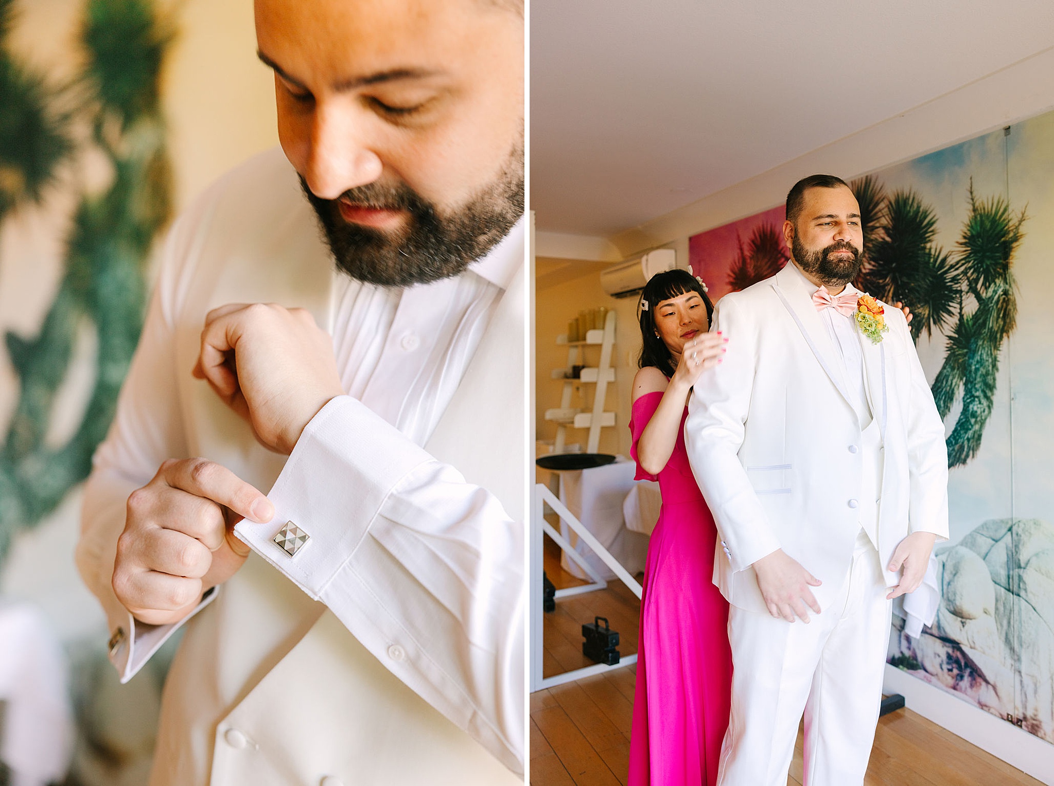 Details of a groom's cufflink next to a bridesmaid helping him into his white jacket
