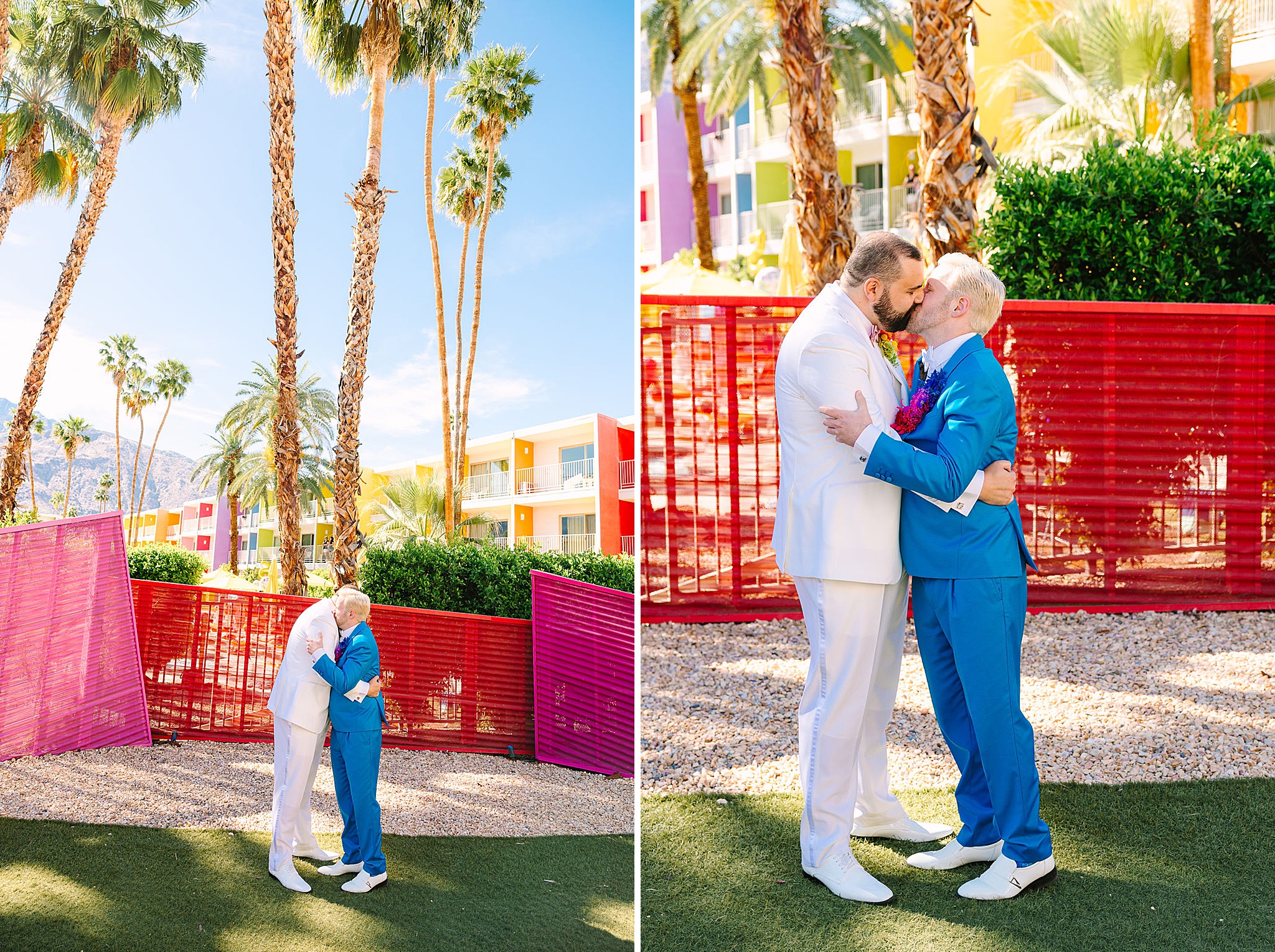 Happy newlyweds embrace and kiss during their first look in vibrant suits