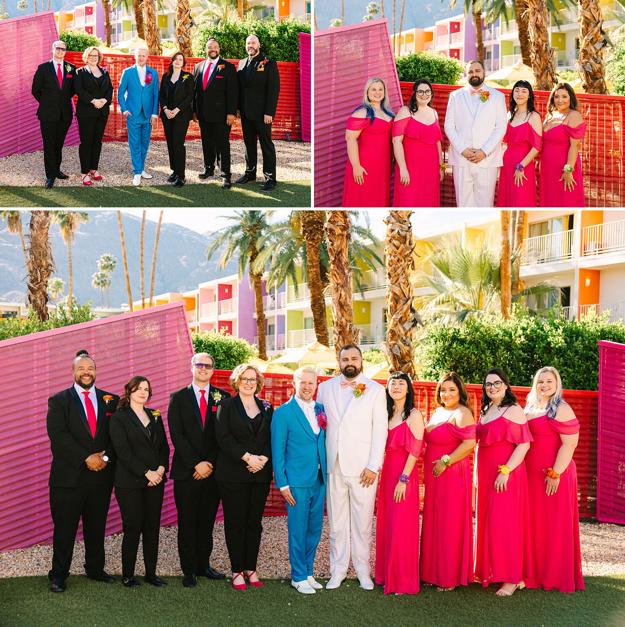 Grooms stand with their wedding party in pink and black