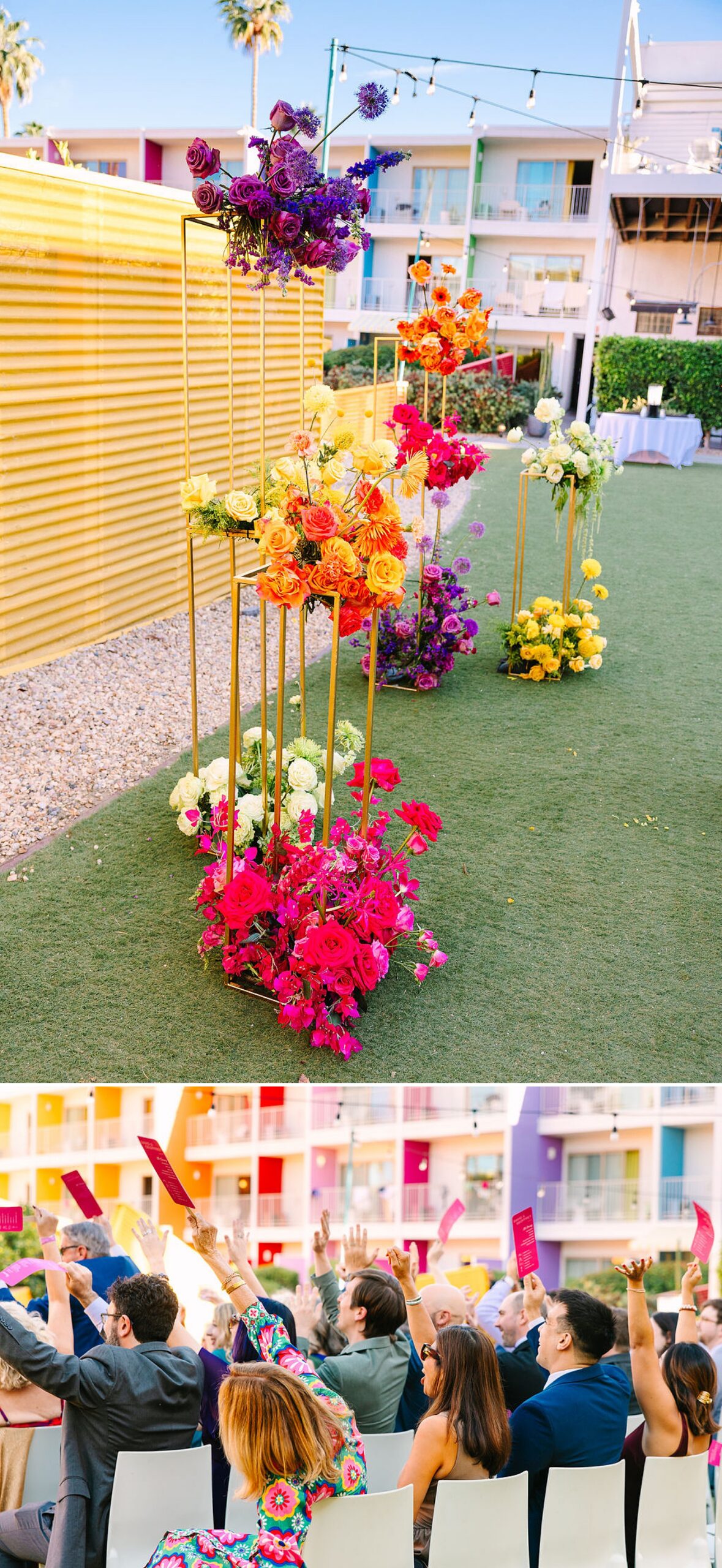 Details of a rainbow wedding ceremony floral display of a the saguaro palm springs wedding