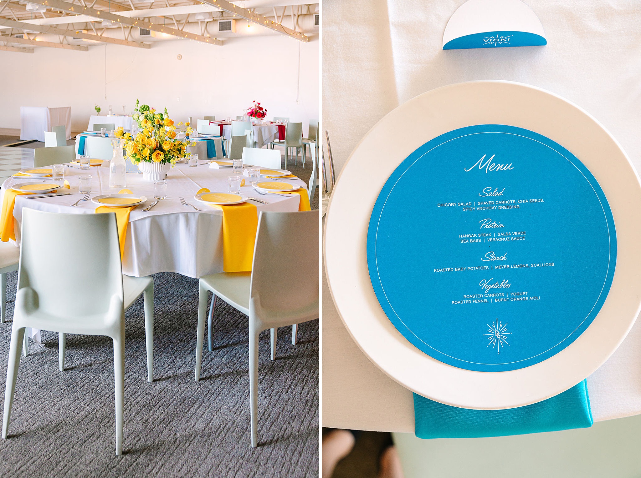 Details of a wedding reception table next to a blue menu and name plate
