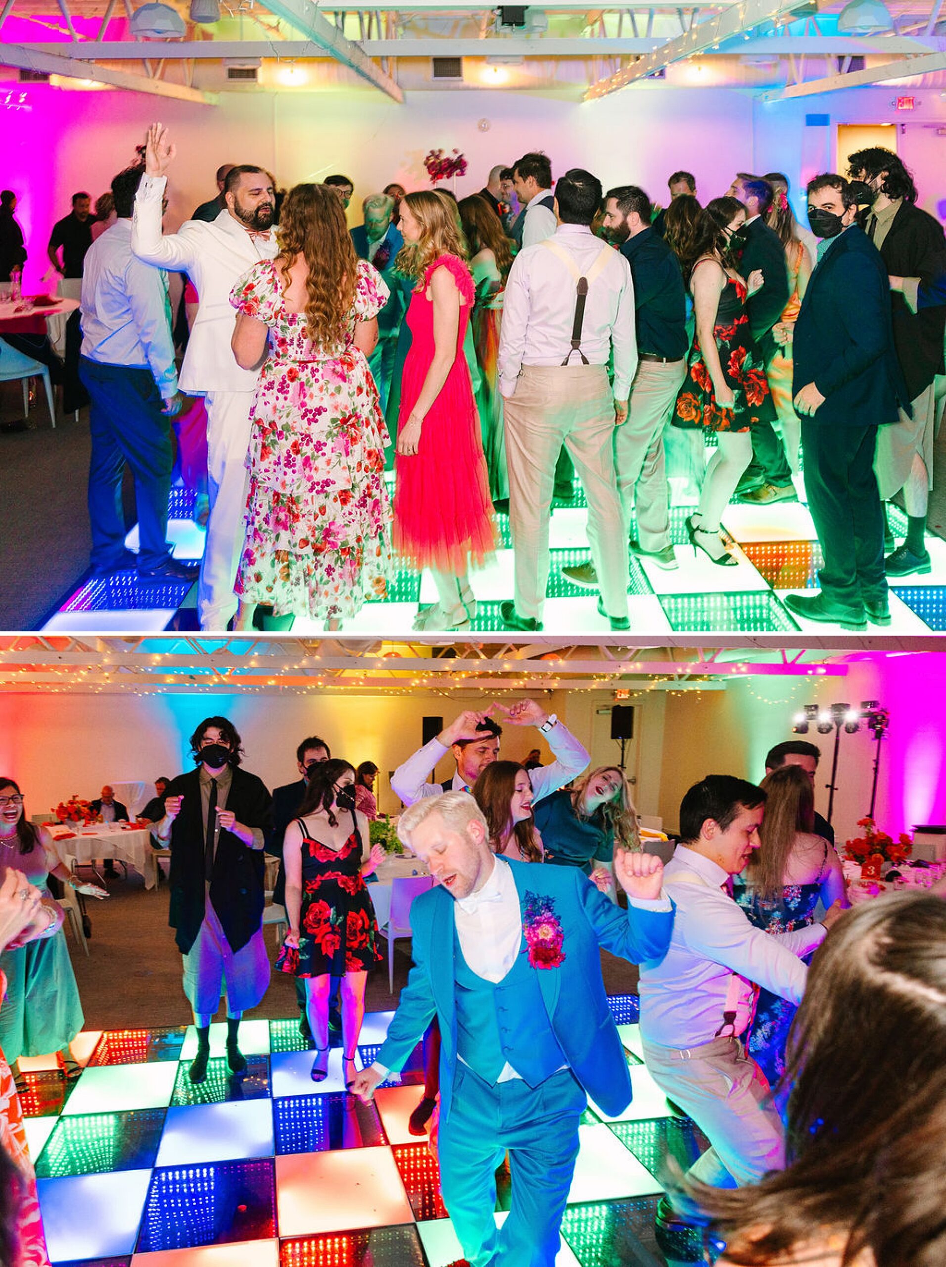 An active and vibrant dance floor during a wedding reception filled with guests