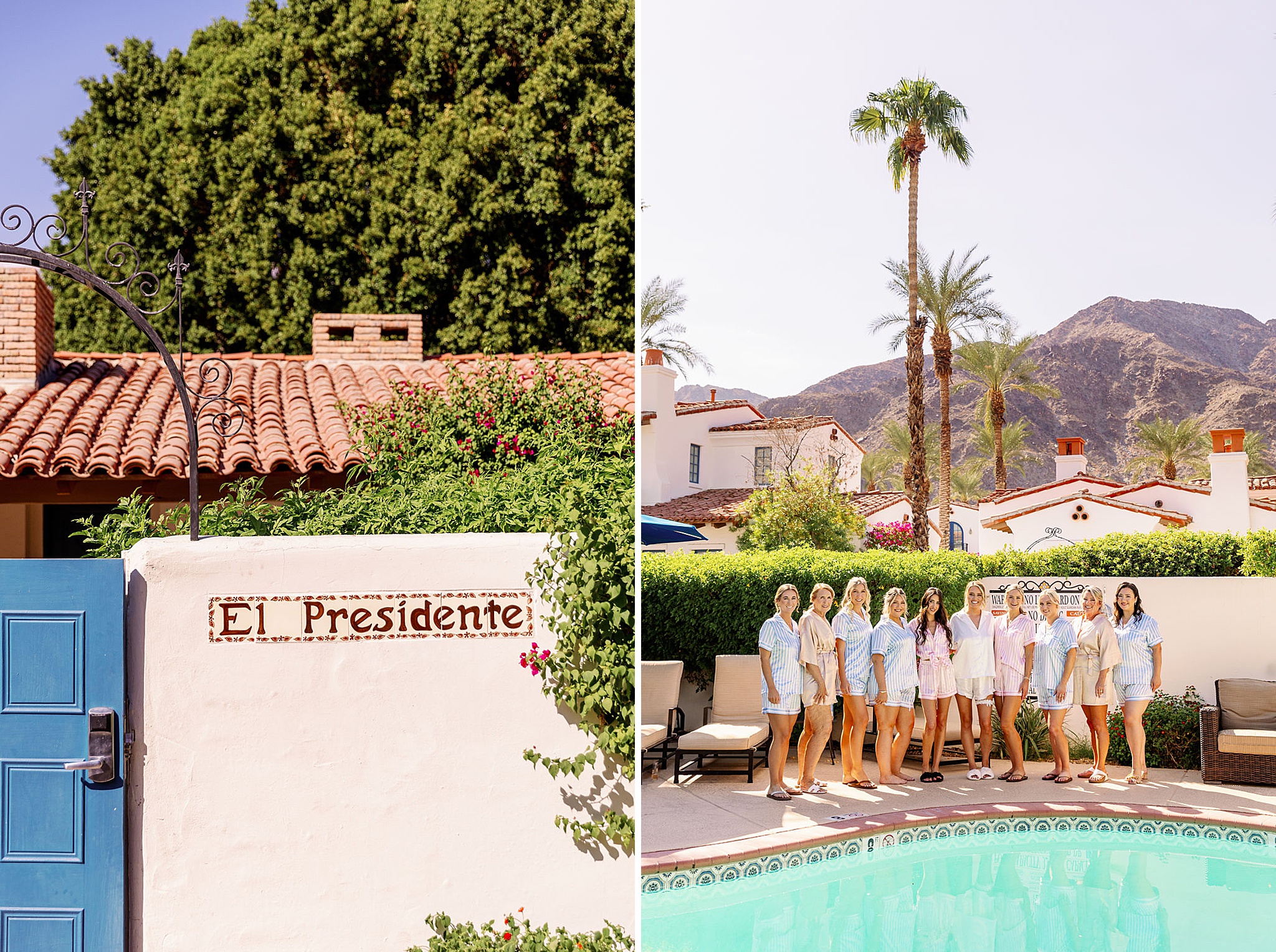 Details of the El Presidente entrance next to the bride in pajamas with bridesmaids by the pool with help from weddings with pam olson