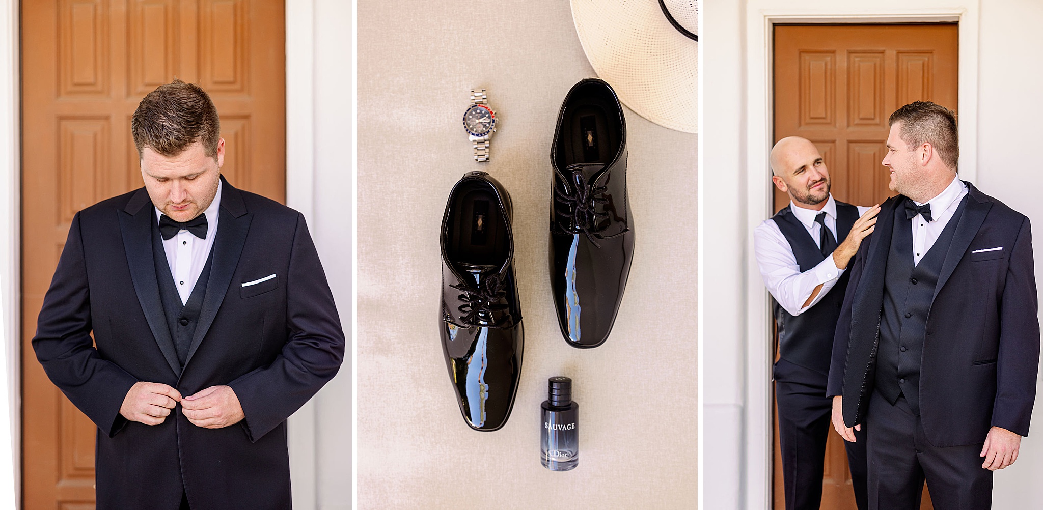 A groom gets ready in his black tux with help from best man