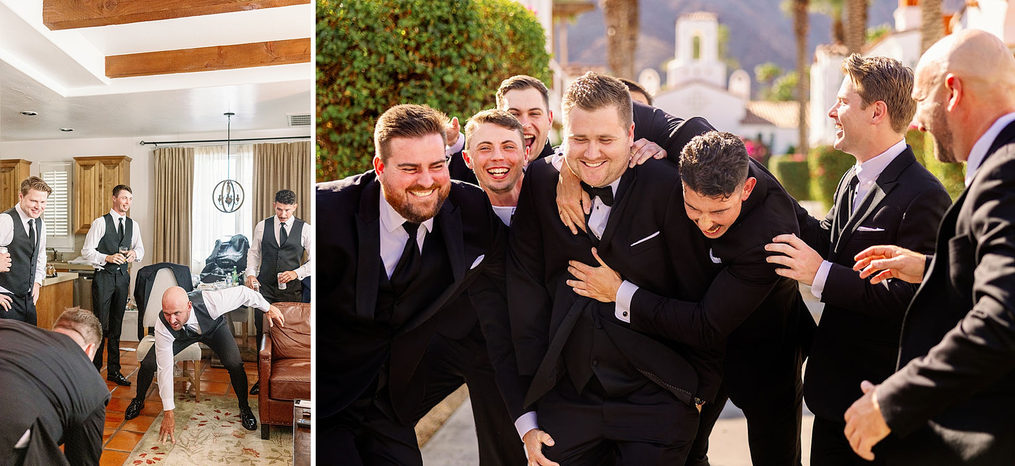 A groom and his groomsmen goof around in the getting ready room next to them outside at sunset laughing