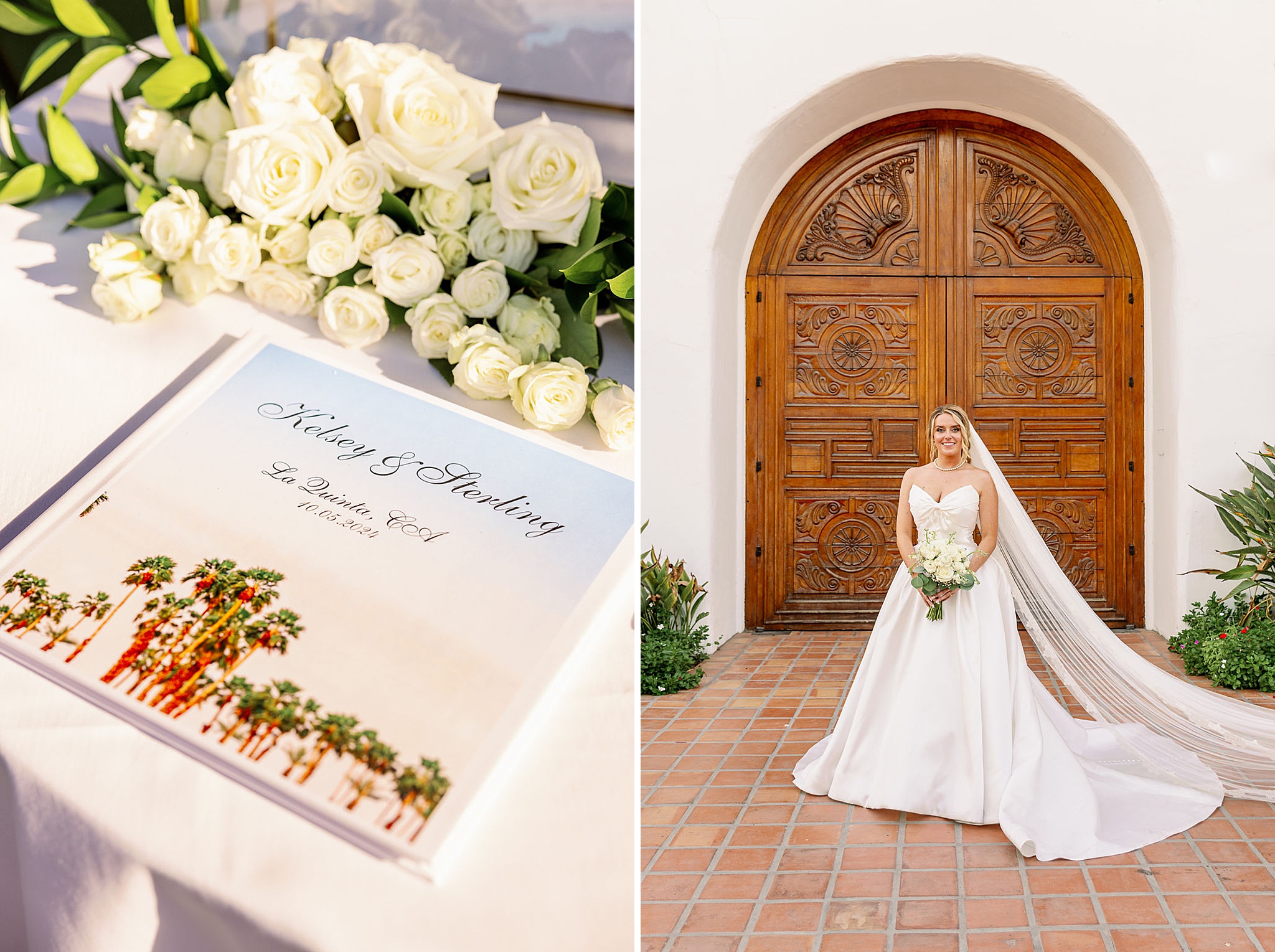 A happy bride stands holding her white rose bouquet in front of large wooden doors next to details of guest book designed by weddings with pam olson