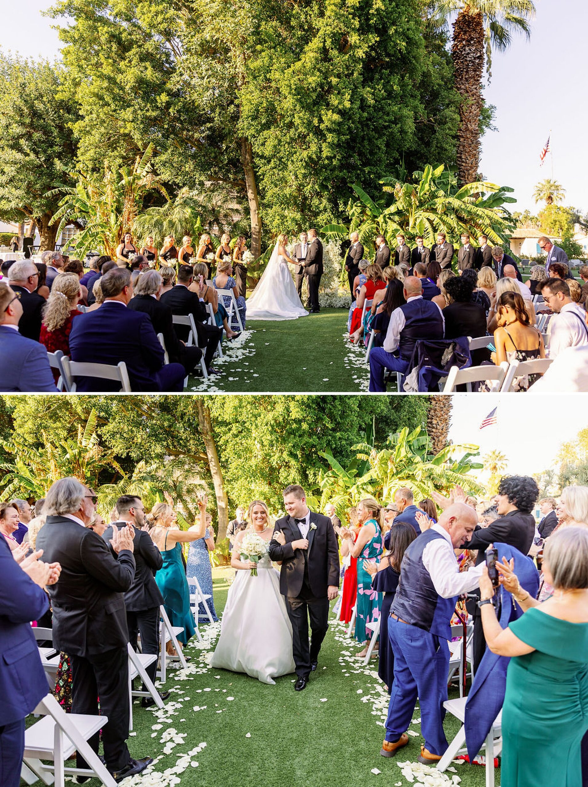 Newlyweds stand at the altar holding hands in a look down the aisle above them walking back up the aisle to end the ceremony handled by weddings with pam olson
